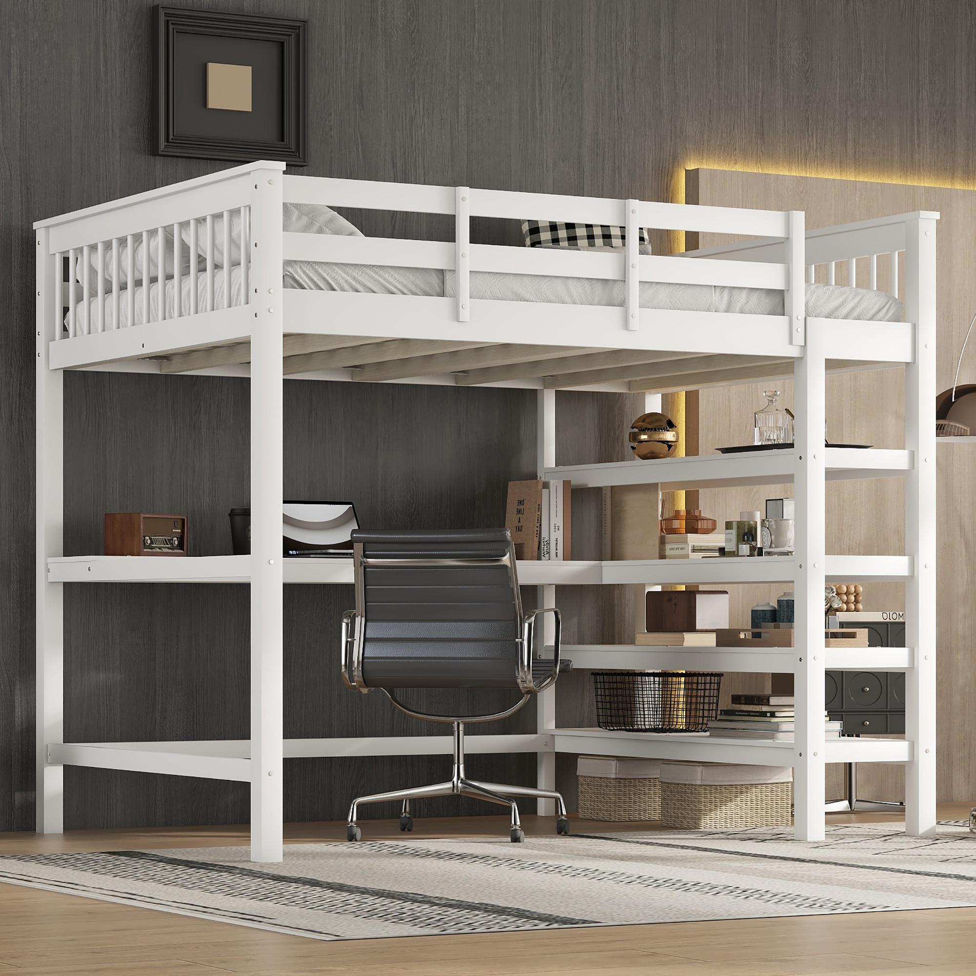 Loft Bed 140x200cm with Storage and Under-bed Desk - White