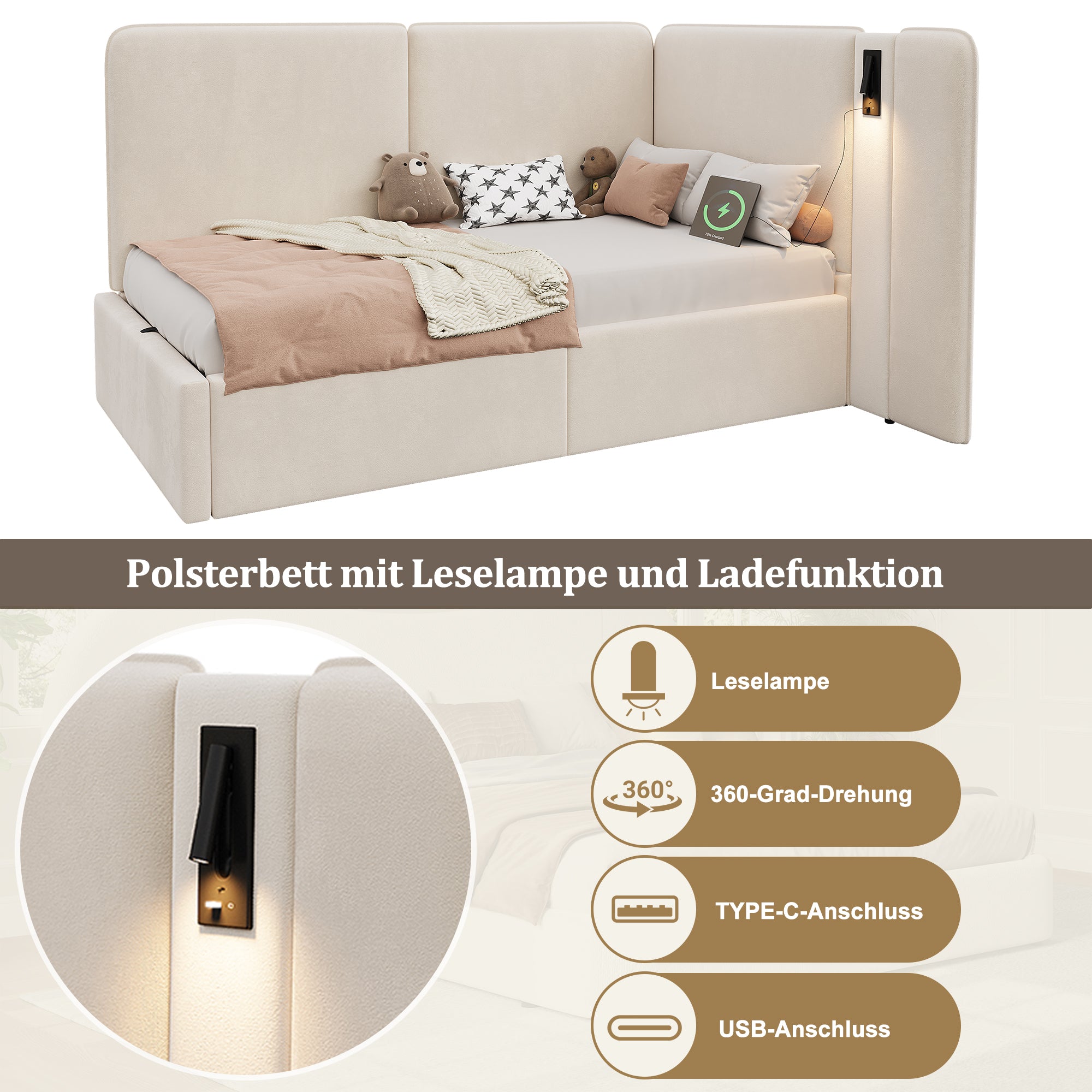 Daybed with Hydraulic Storage, USB Port and Reading Lamp, 90x200cm, Beige Velvet
