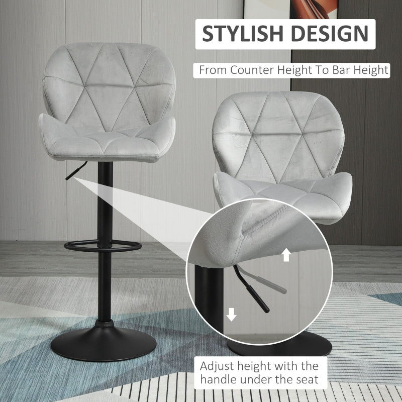 Adjustable Bar Stools Set of 2, Swivel Upholstered with Back and Footrest, Light Grey