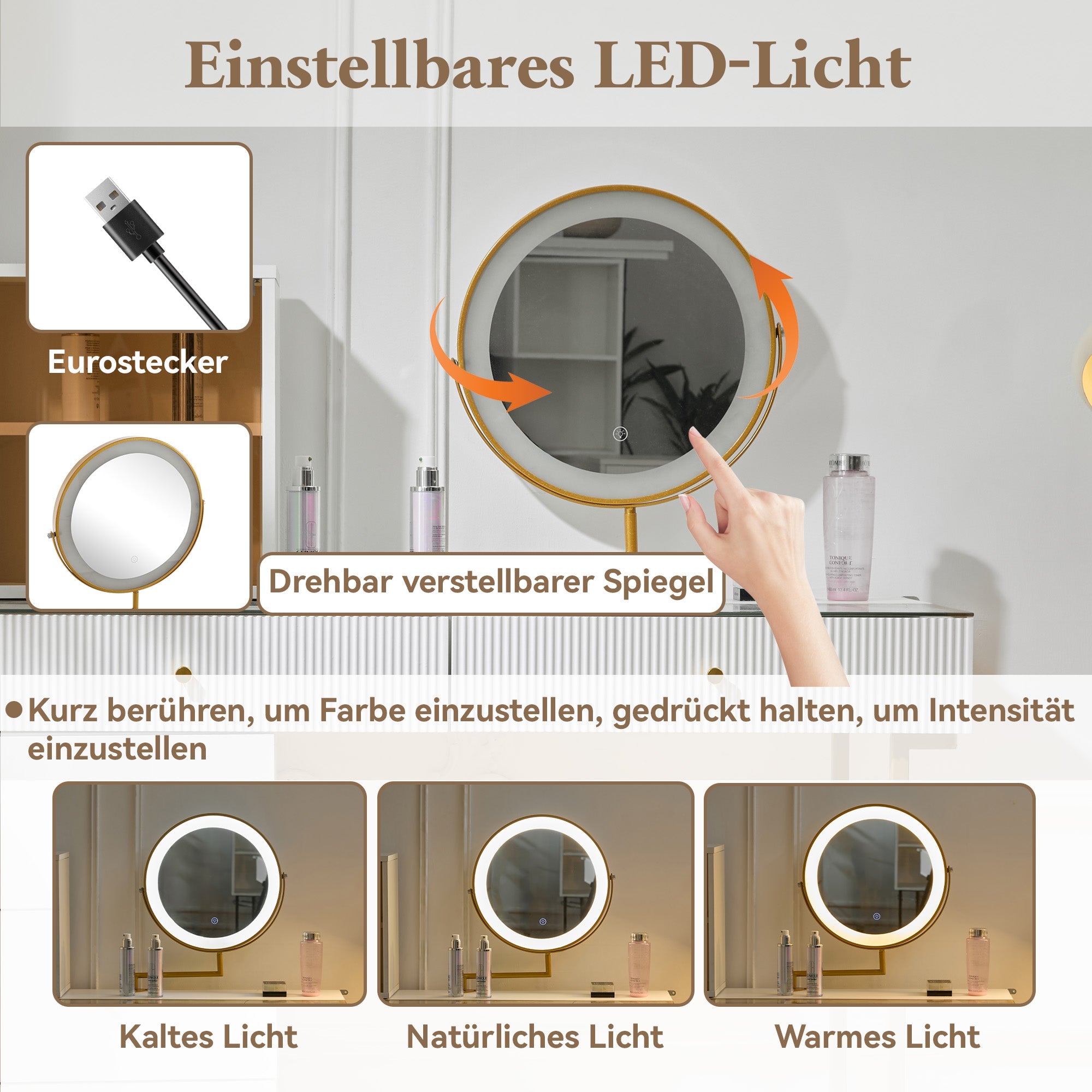 Dressing table set with LED-illuminated mirror, transparent tempered glass tabletop, side cabinet, white