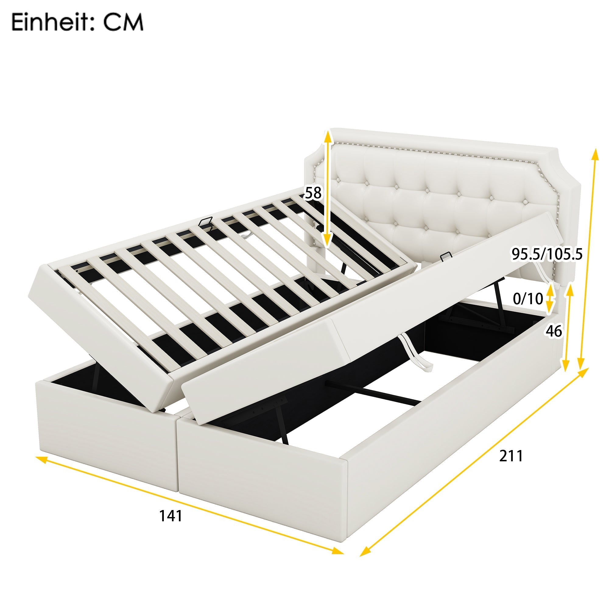 Upholstered Bed 140x200cm Double Hydraulic Storage Metal Frame White