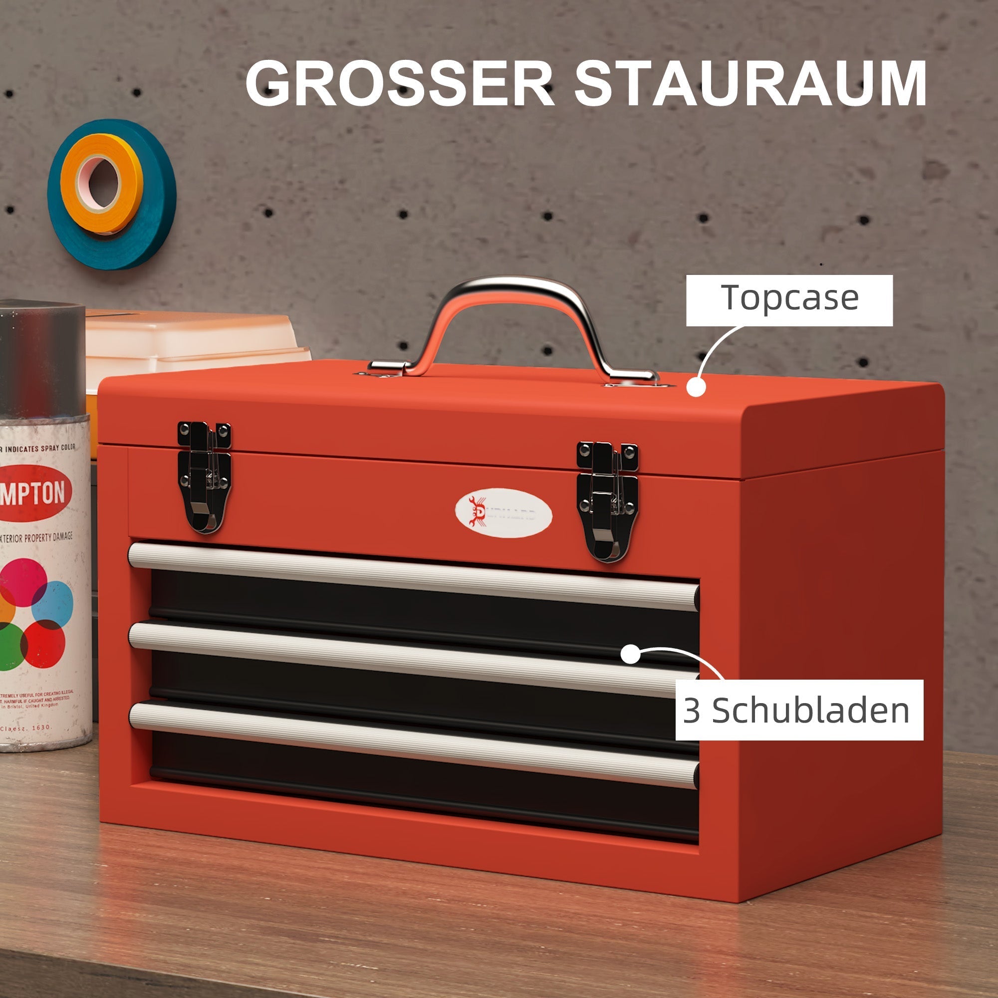 DURHAND empty tool box, 45 x 24 x 27 cm, 3 drawers, steel, red