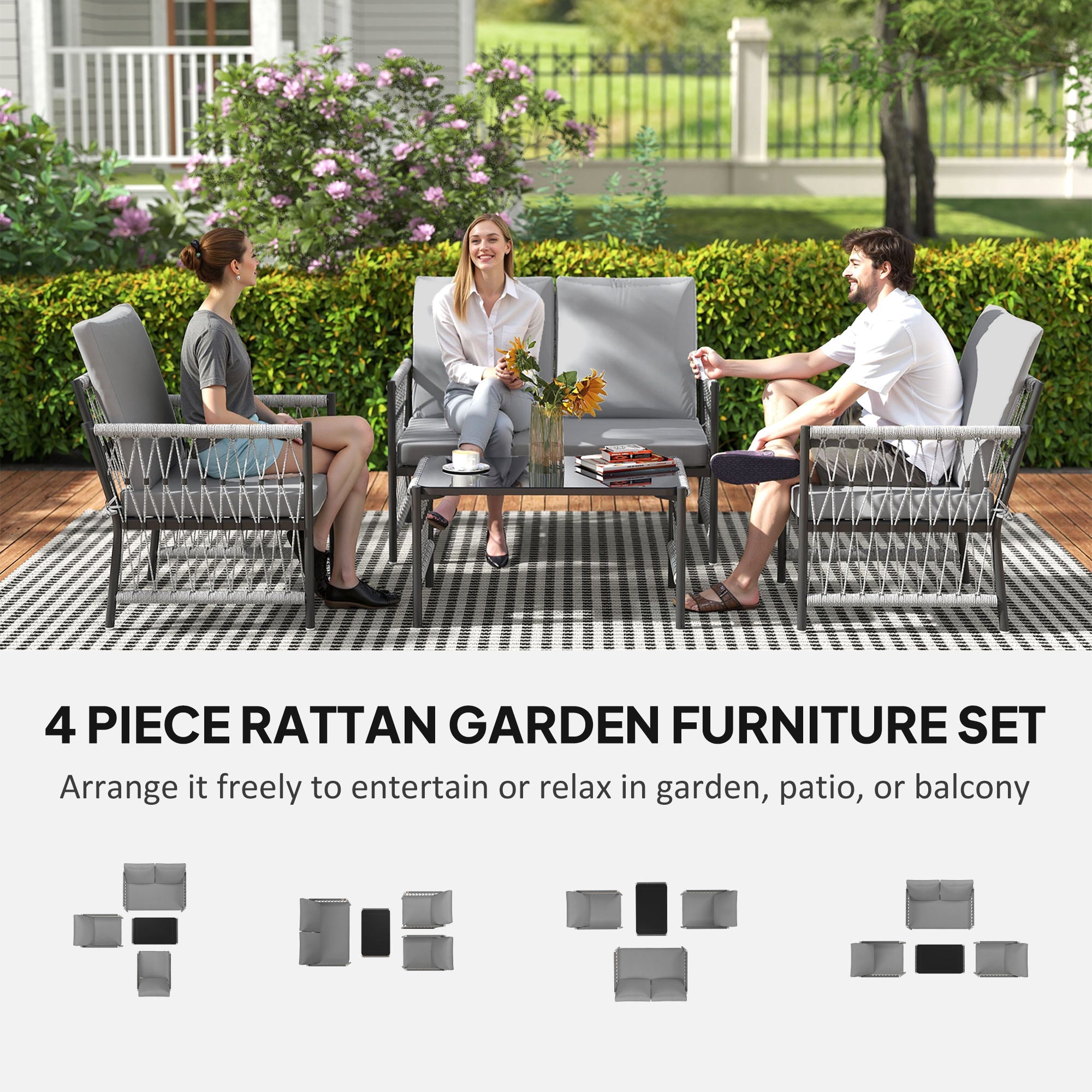 4 Piece Rattan Garden Furniture Set, 4 Seater Wicker Patio Conversation Set, Grey