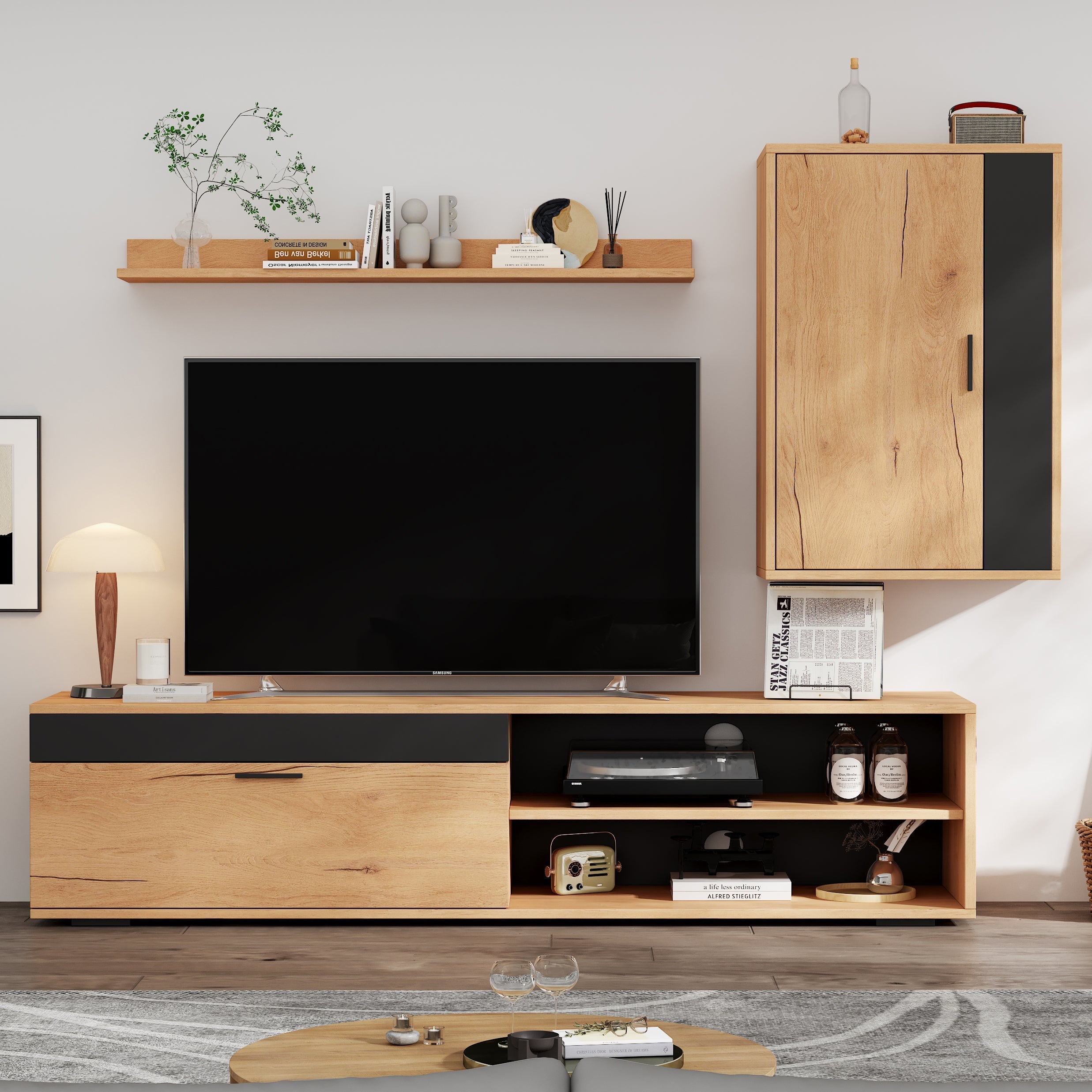 TV Wall Unit Set, 3-Piece Media & Storage, Wood + Black