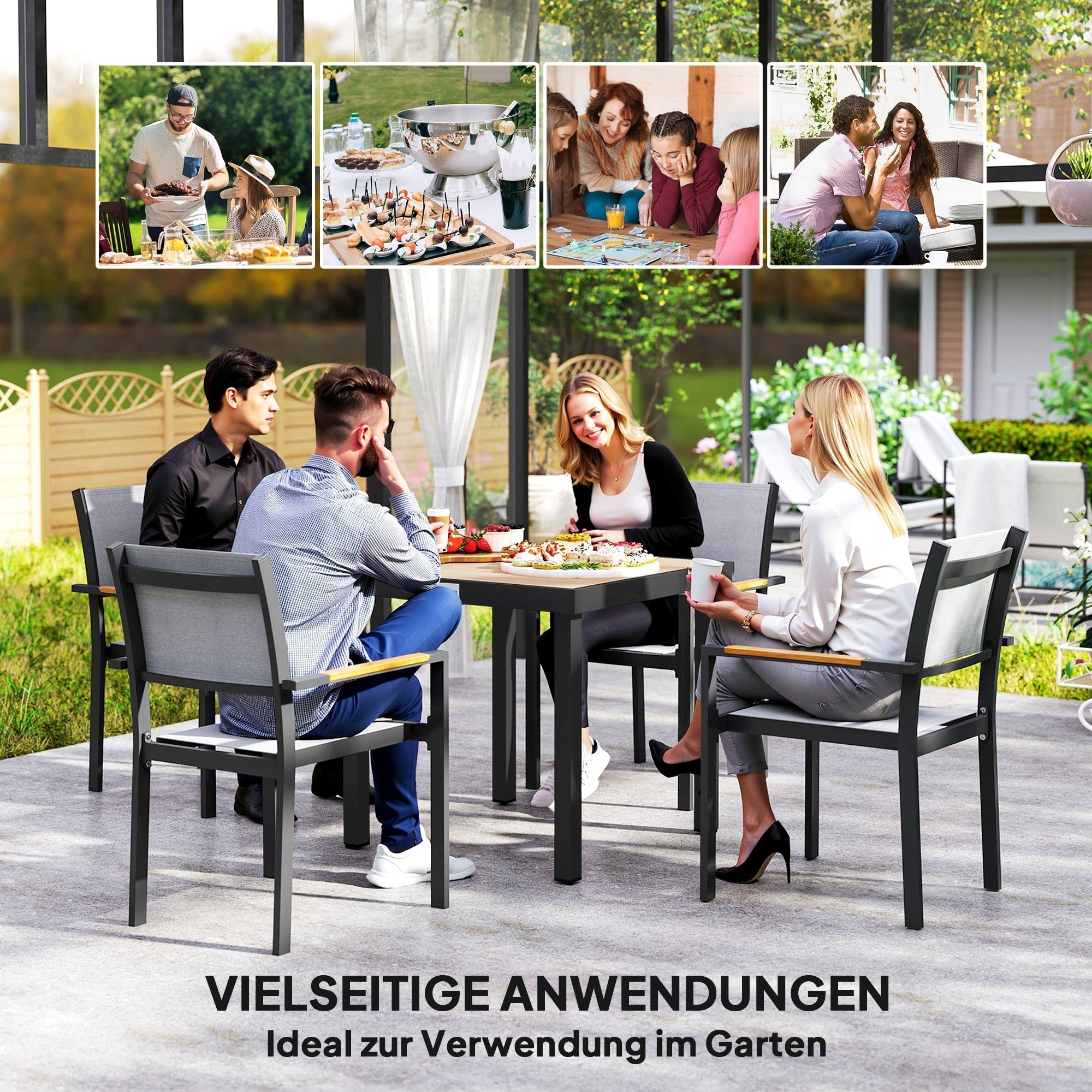 Garden Table 78x78cm Weatherproof Aluminum Frame for 4 People Black