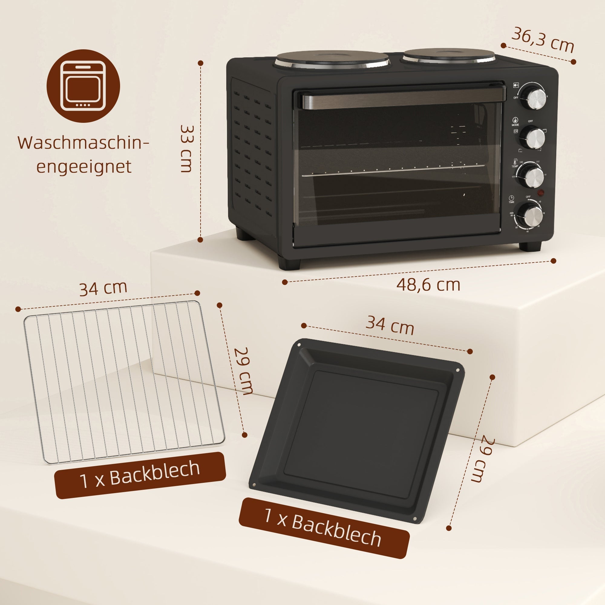 Mini-Backofen 28L 2600W mit 2 Kochplatten, Schwarz