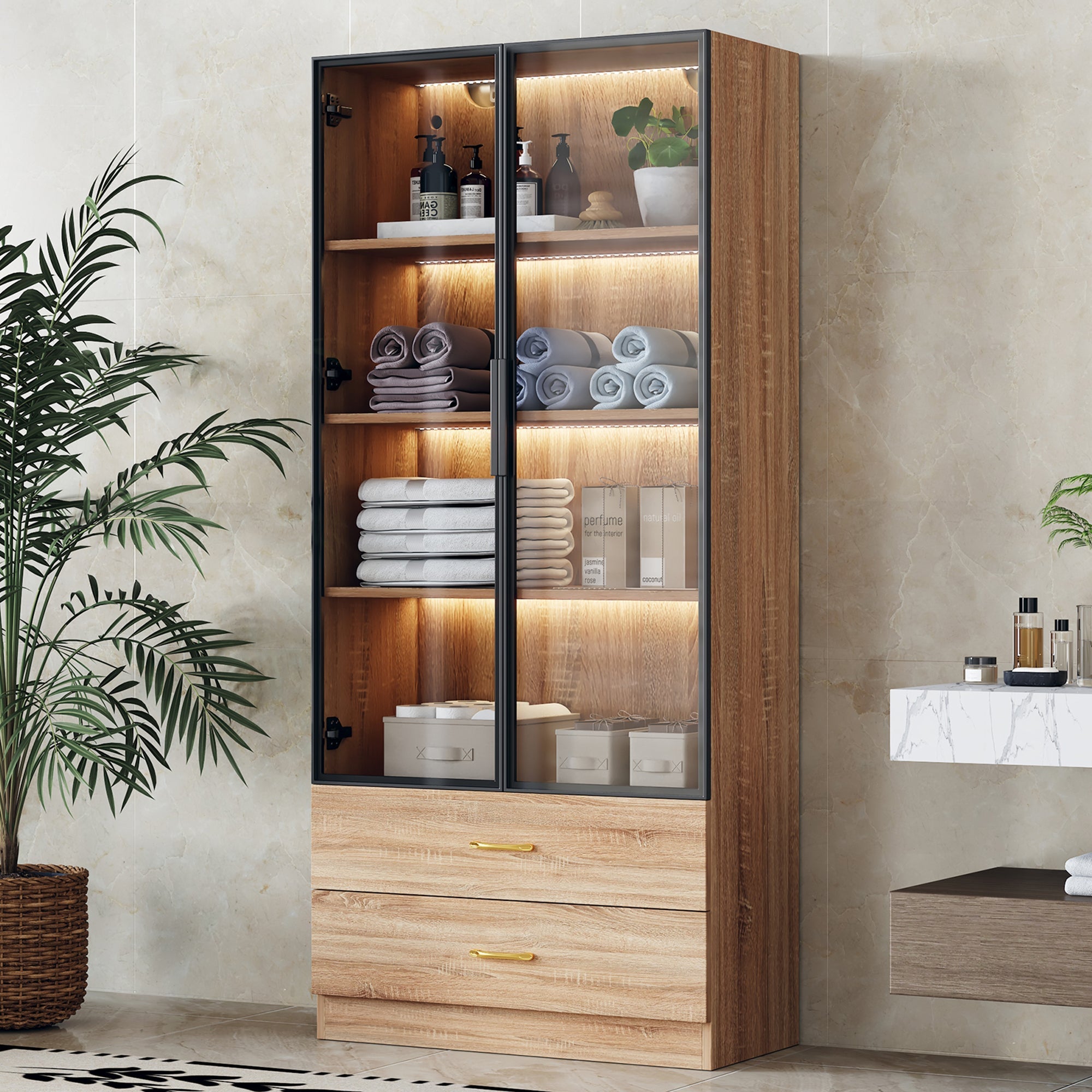Bathroom Cabinet Medium 75cm Light Strip 2 Drawers Glass Door