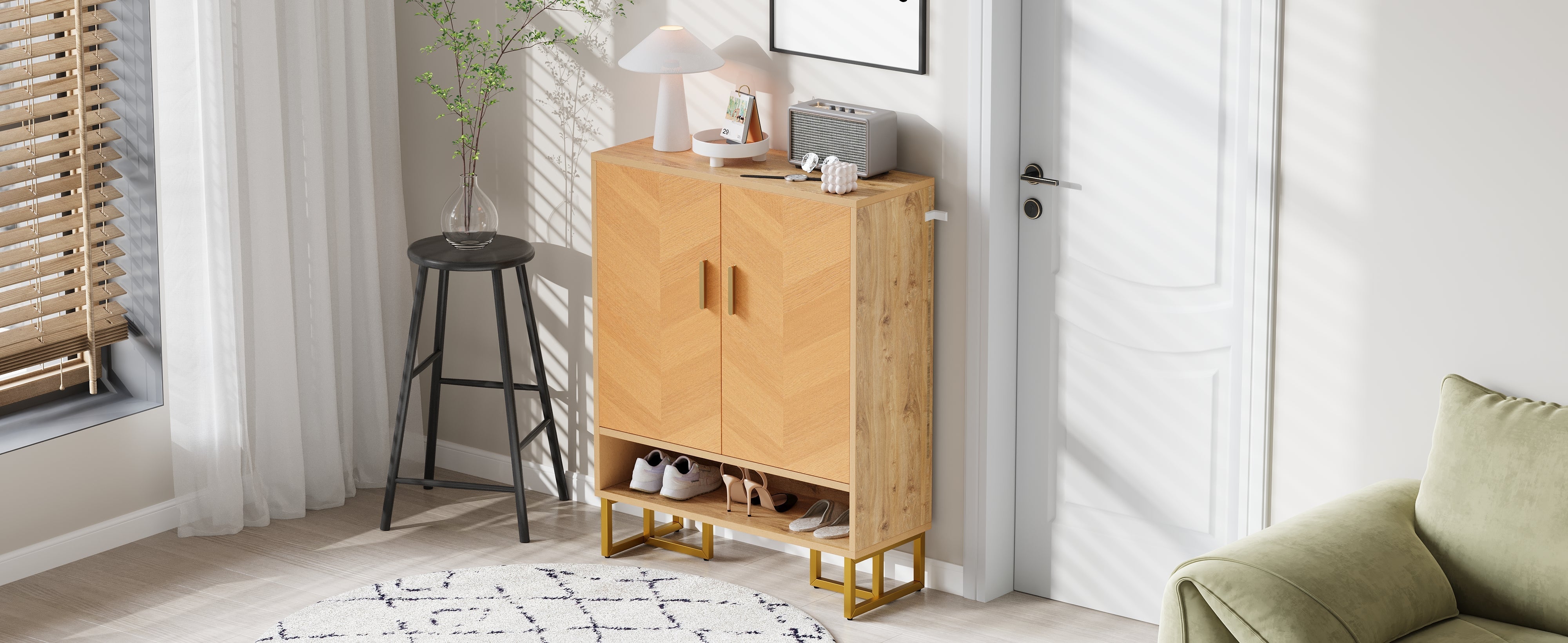 Narrow Shoe Cabinet Modern Minimalist 2-Door Storage - Wood Grain/Golden Frame