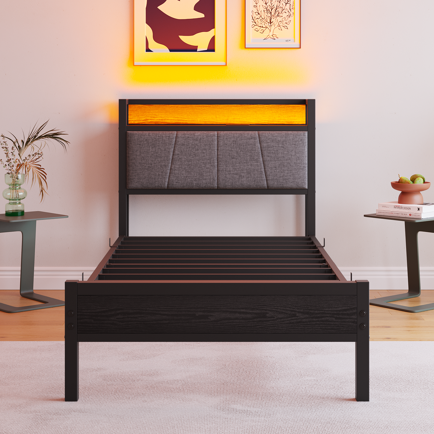 90x200cm Bed Frame Smart LED Lights USB Charging Headboard - Metal