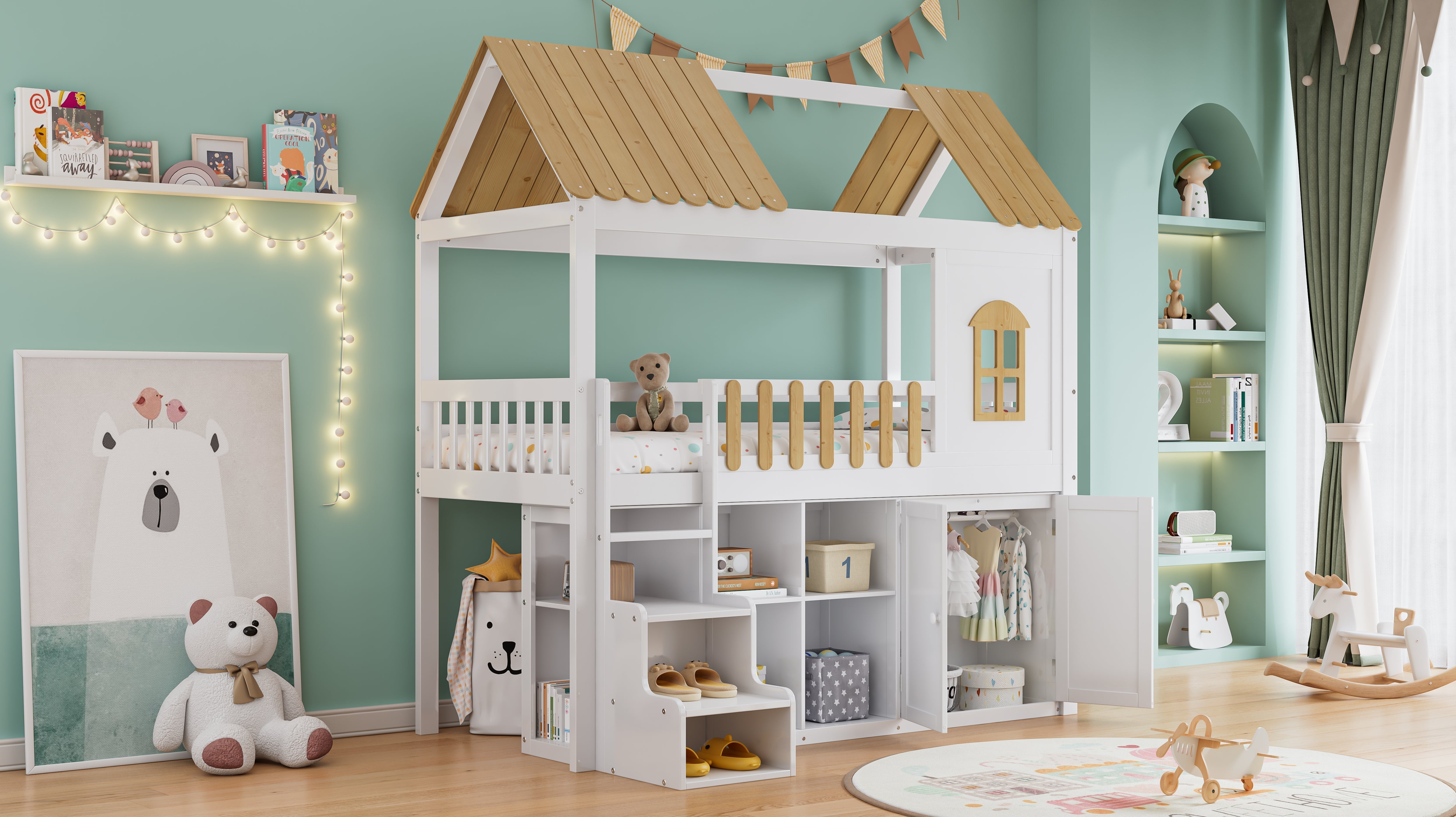 Bunk Bed, Storage, Wardrobe, Shoe Cabinet, Safe Steps, Pine, White & Natural