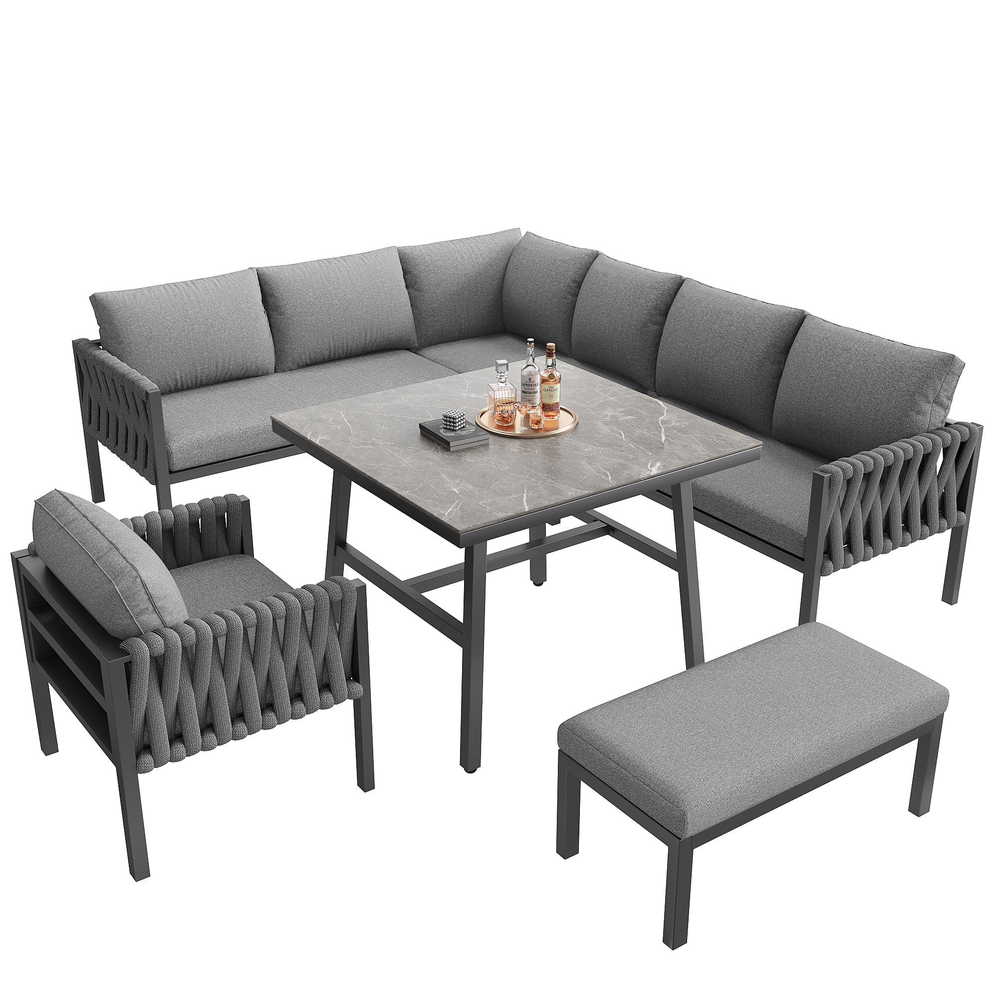 Garden Furniture Set Rope Corner Sofa Adjustable Legs Tempered Glass - Grey