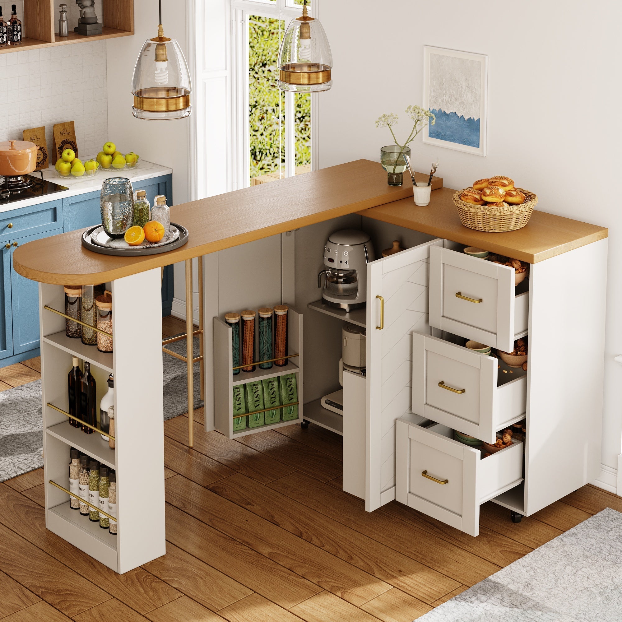 Extendable Bar Cart 2 Doors 3 Drawers Rolling Worktop White/Black Wood Look