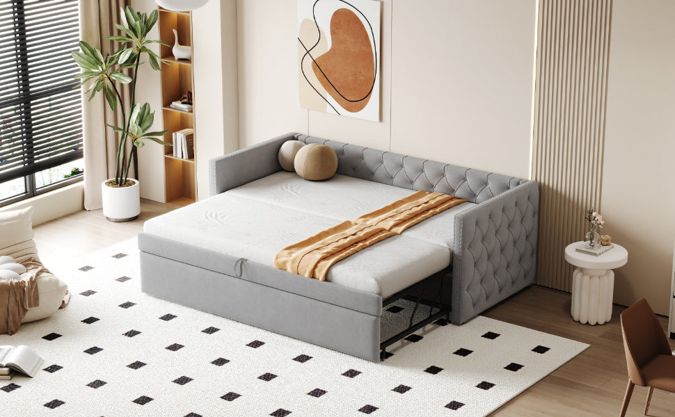 Extendable Sofa Bed with Slatted Base and Guest Bed Function, 90x200cm, Light Grey Velvet