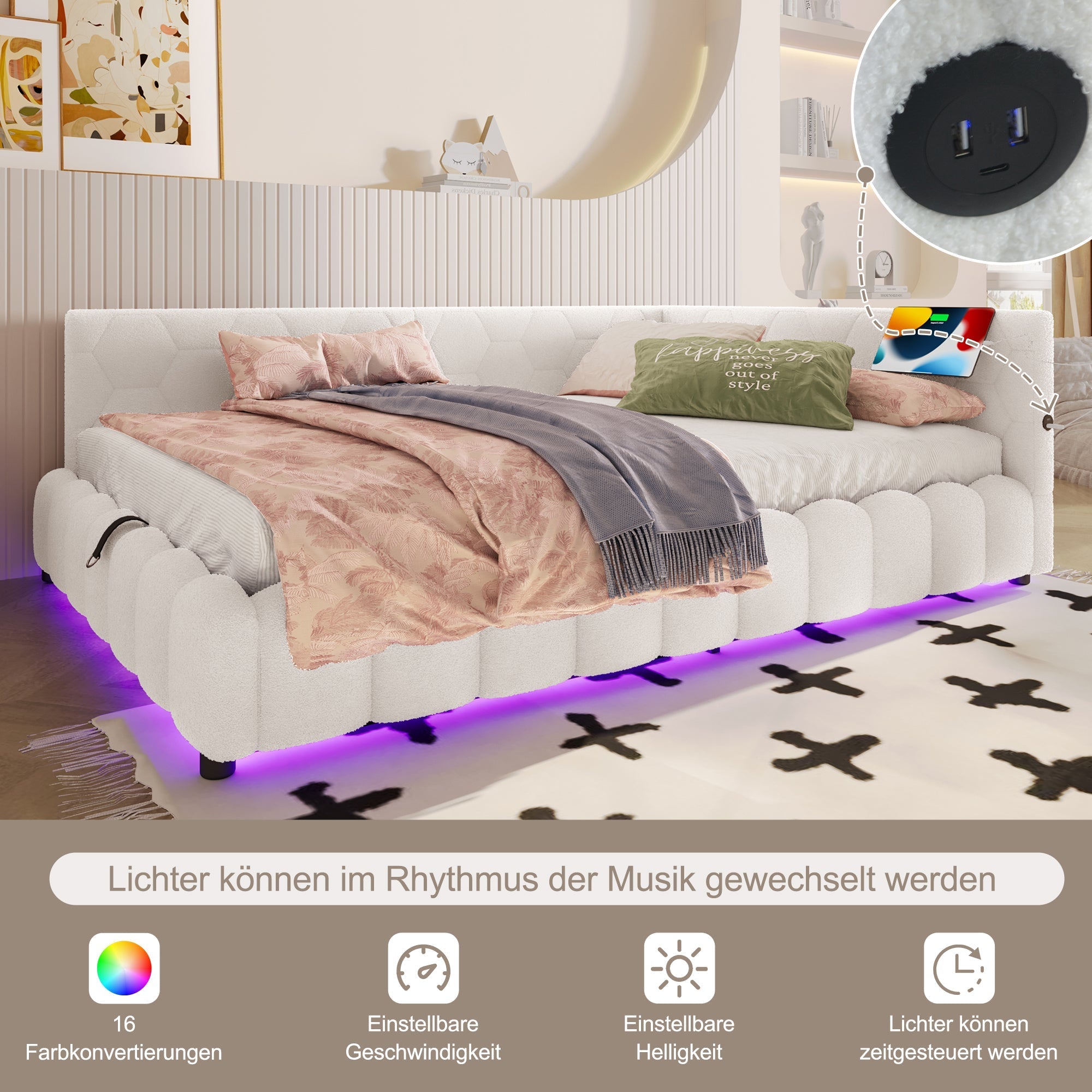 Daybed Sofa Bed 90x200cm Hydraulic Storage LED USB/Type-C - Imitation Fleece White
