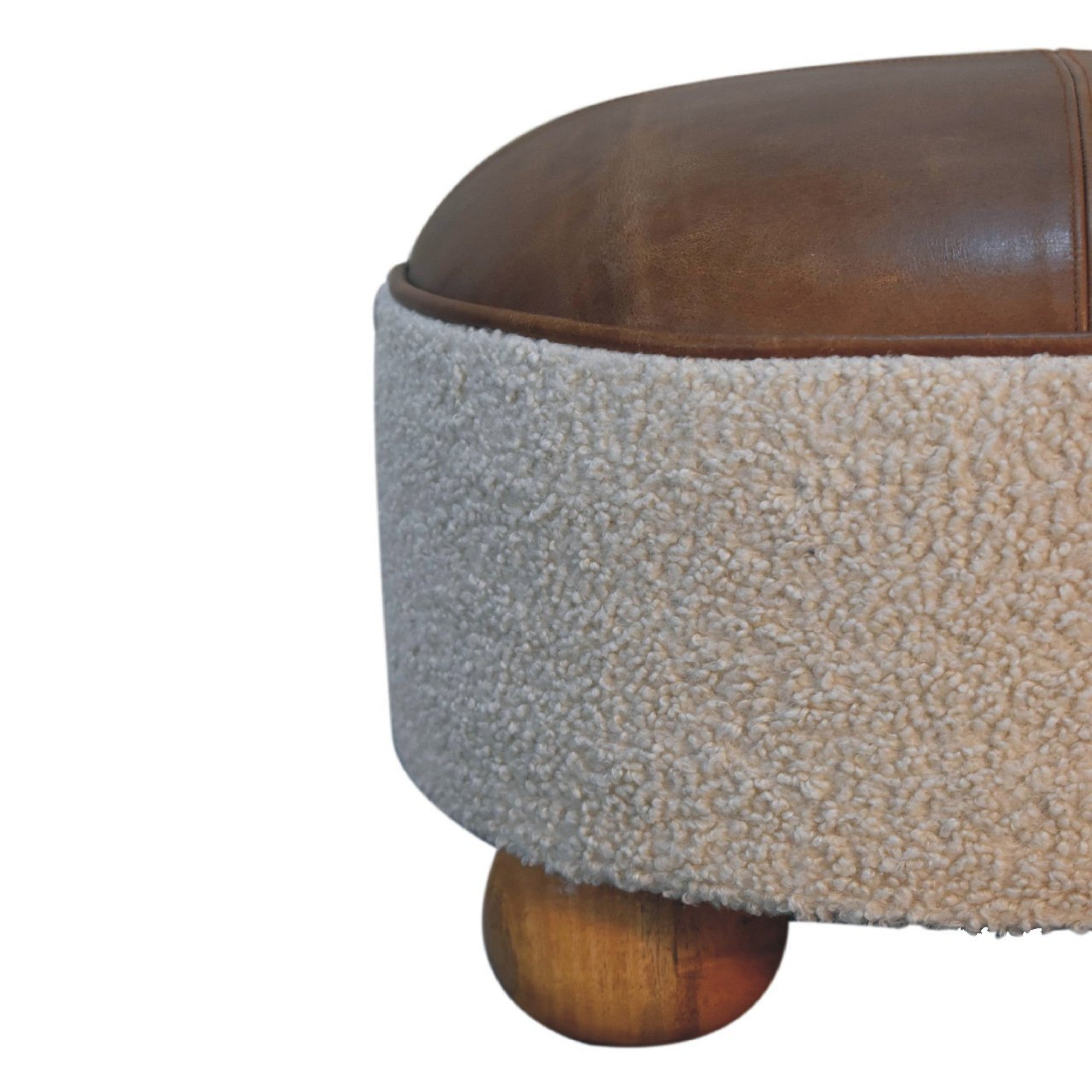 Solid Wood Boucle Buffalo Footstool Ball Feet, Cream and Brown