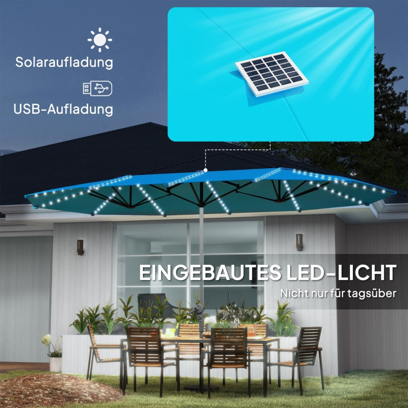 Doppel-Sonnenschirm, Solar-LED-Beleuchtung, UV 50+, Aluminium, Blau