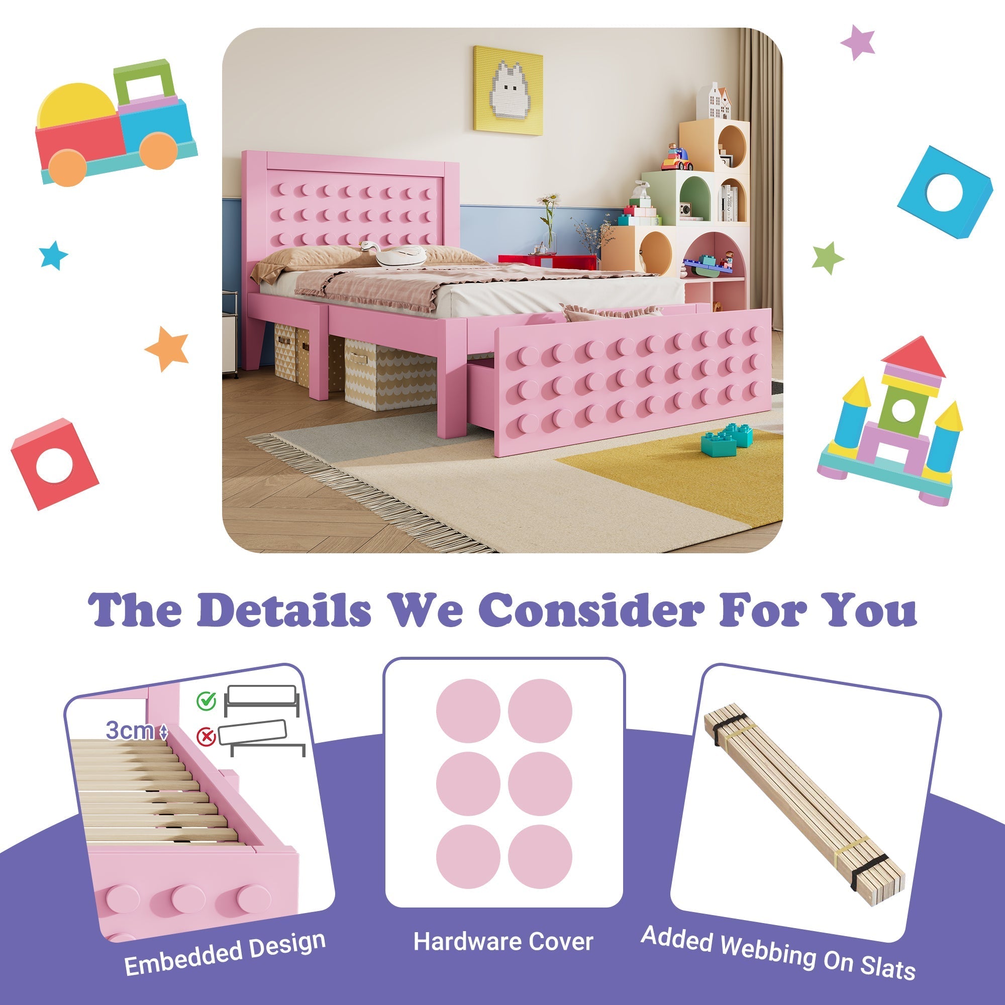 Wooden Single Bed 90x190cm Children's Creative Block Design with Drawers Pink