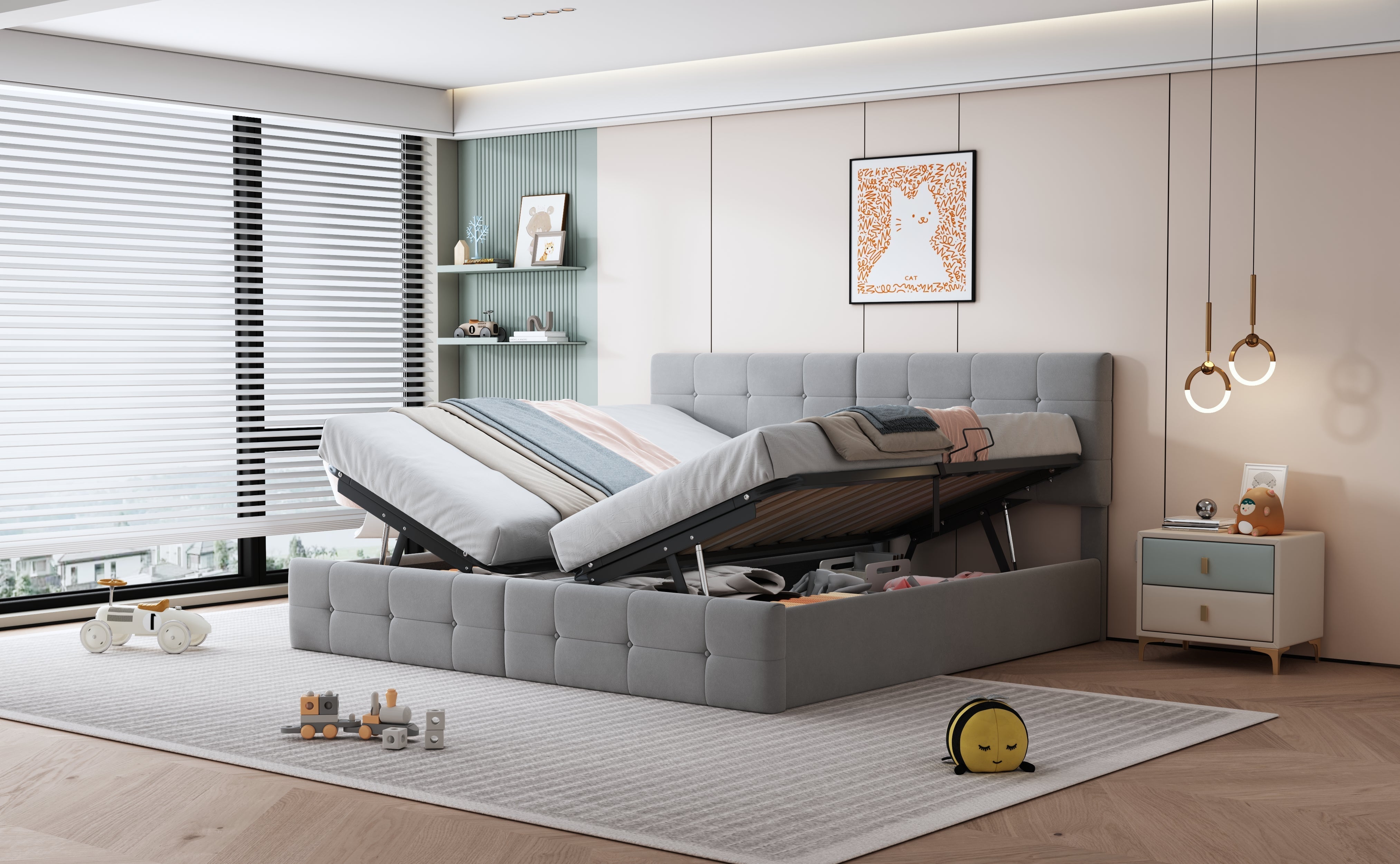 Upholstered Bed 180x200 cm, Hydraulic Storage Multifunctional Double, Velvet Grey