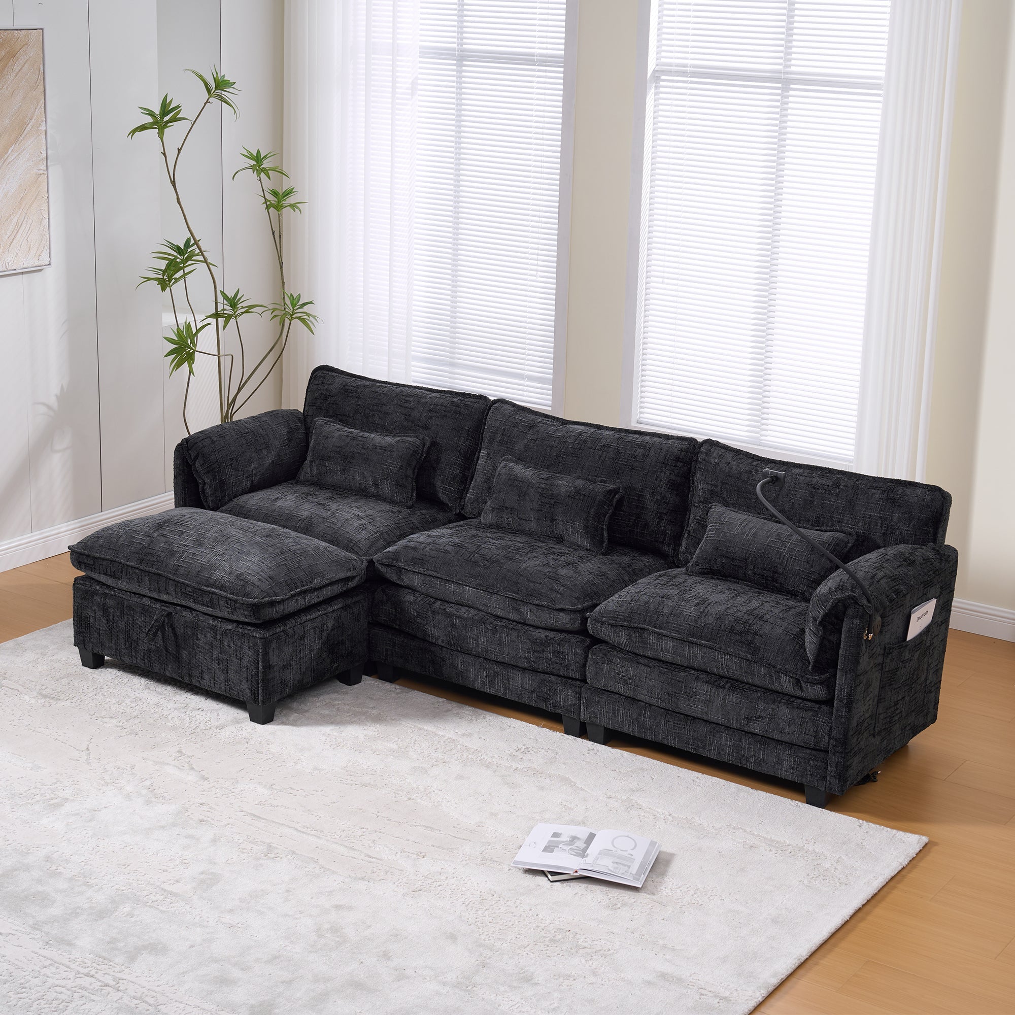 2-Seater Sofa USB Port Modular Footstool - Chenille Black