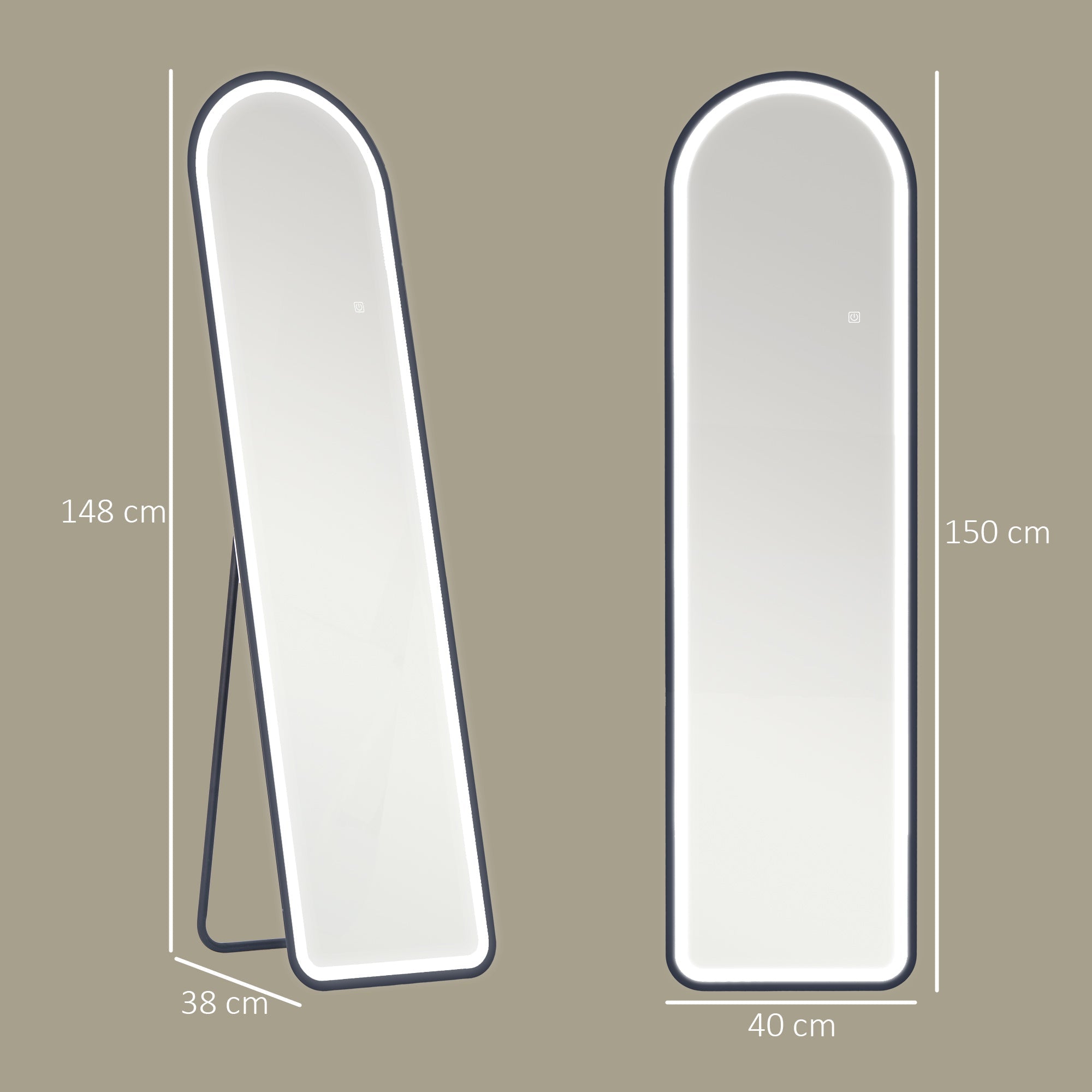 Full-Length Mirror, 150 x 40 cm LED Lighting, 3 Light Colors, Black