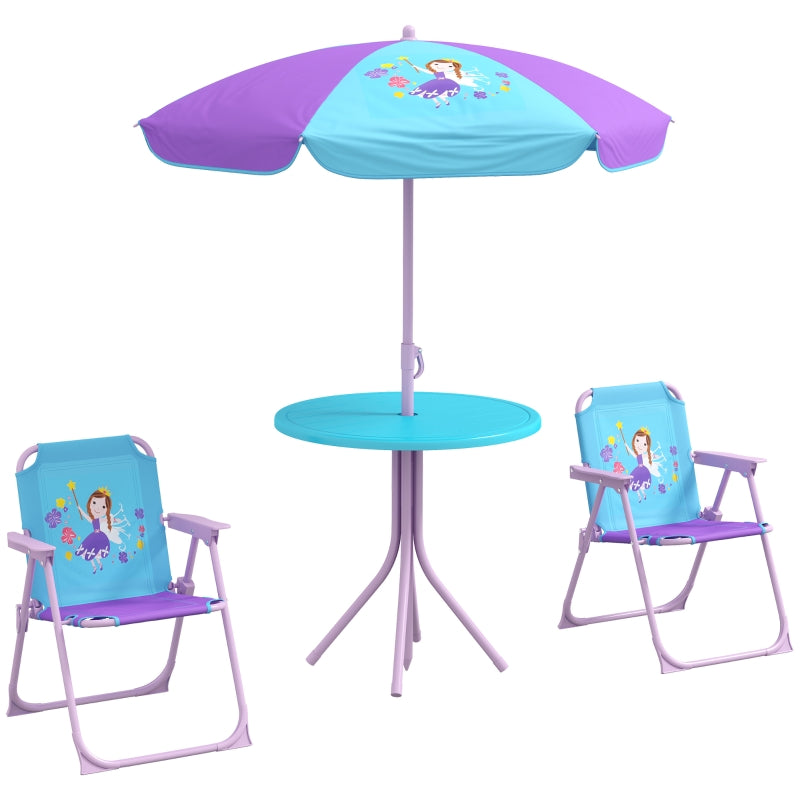Kids Picnic Table and Chair Set, Fairy Themed w/ Foldable Chairs & Adjustable Parasol, Blue Steel