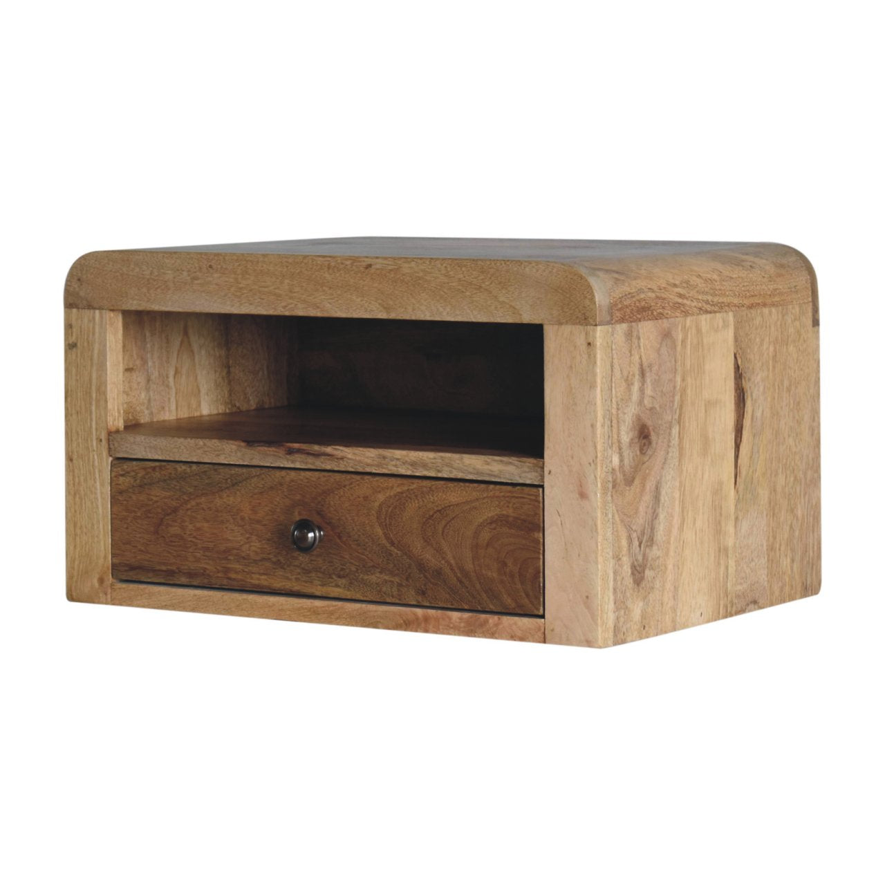 Solid Wood Chunky Floating Bedside, 1 Drawer & Open-Shelf, Oak-ish Brown