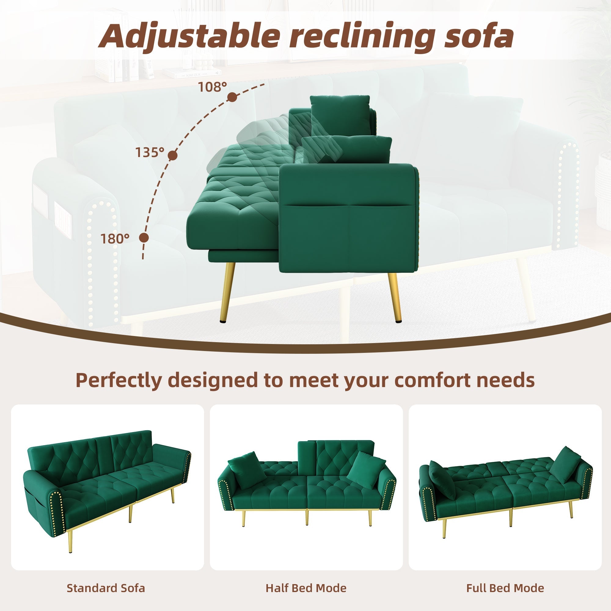 Double Fold-out Sofa Bed Reclining 3-Angle Cup Holders - Fabric Green