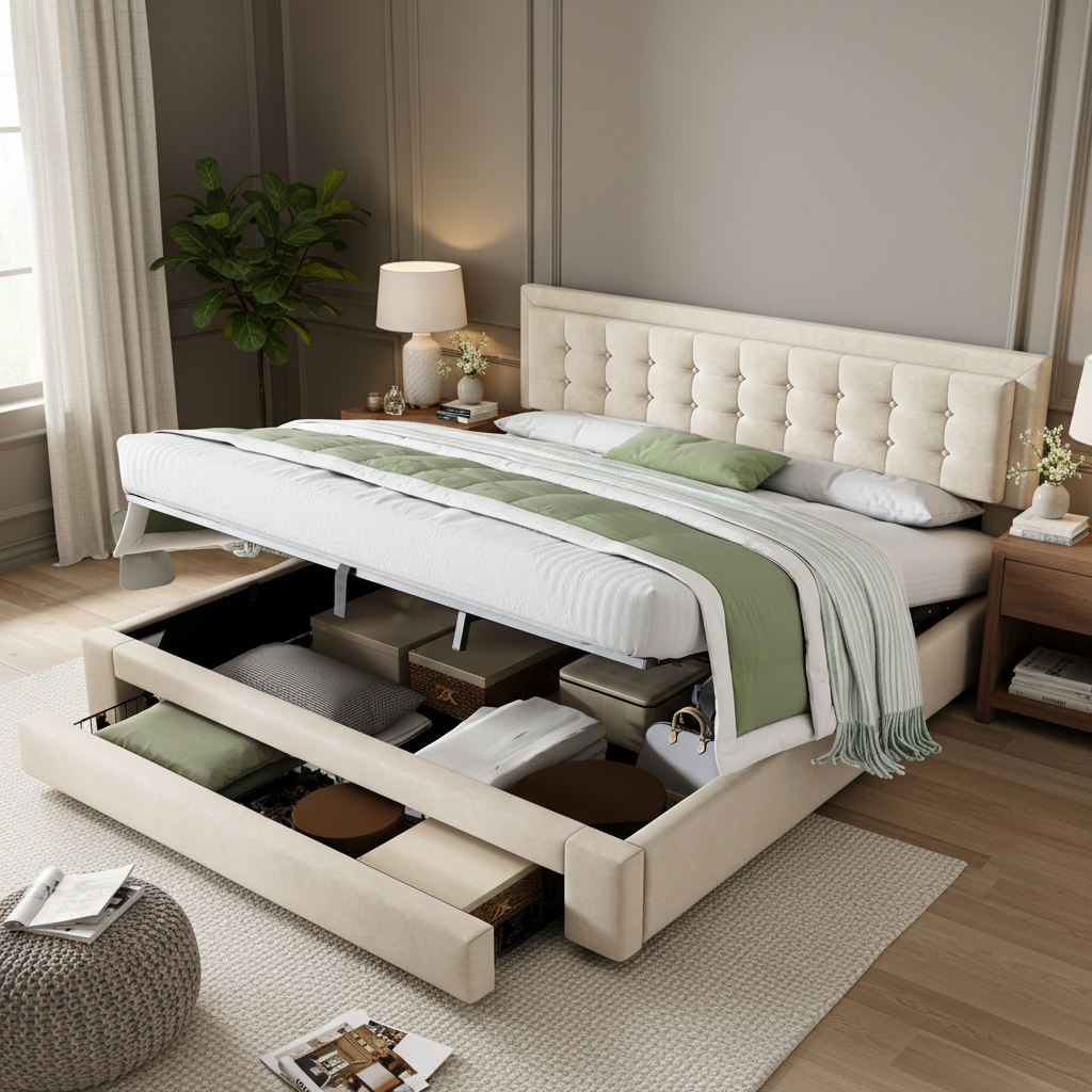 Upholstered Bed 180x200cm Storage Box Drawers Slatted Frame - Velvet Beige