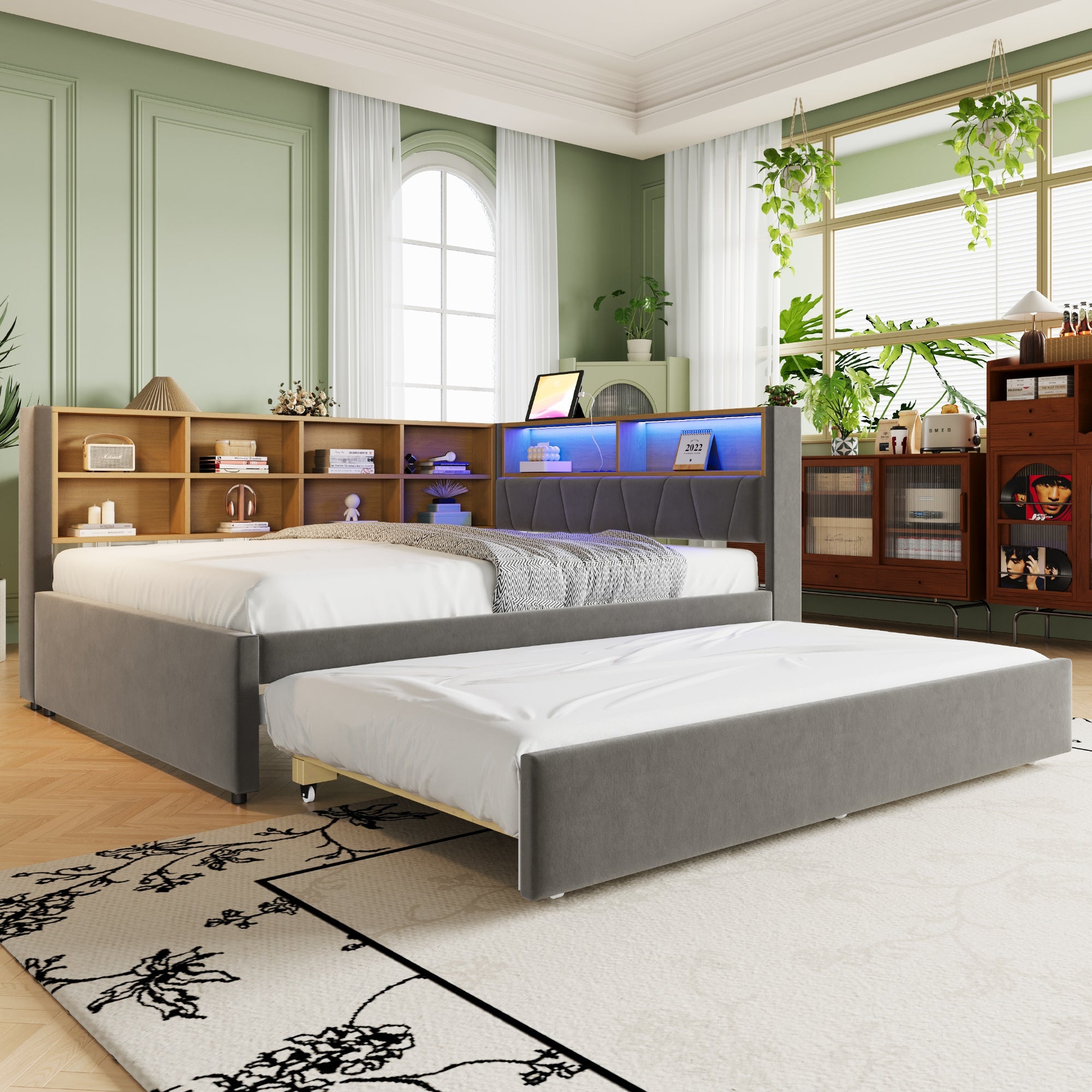 Sofa Bed 140x200 Pull-out LED Storage, Flannel Dark Gray
