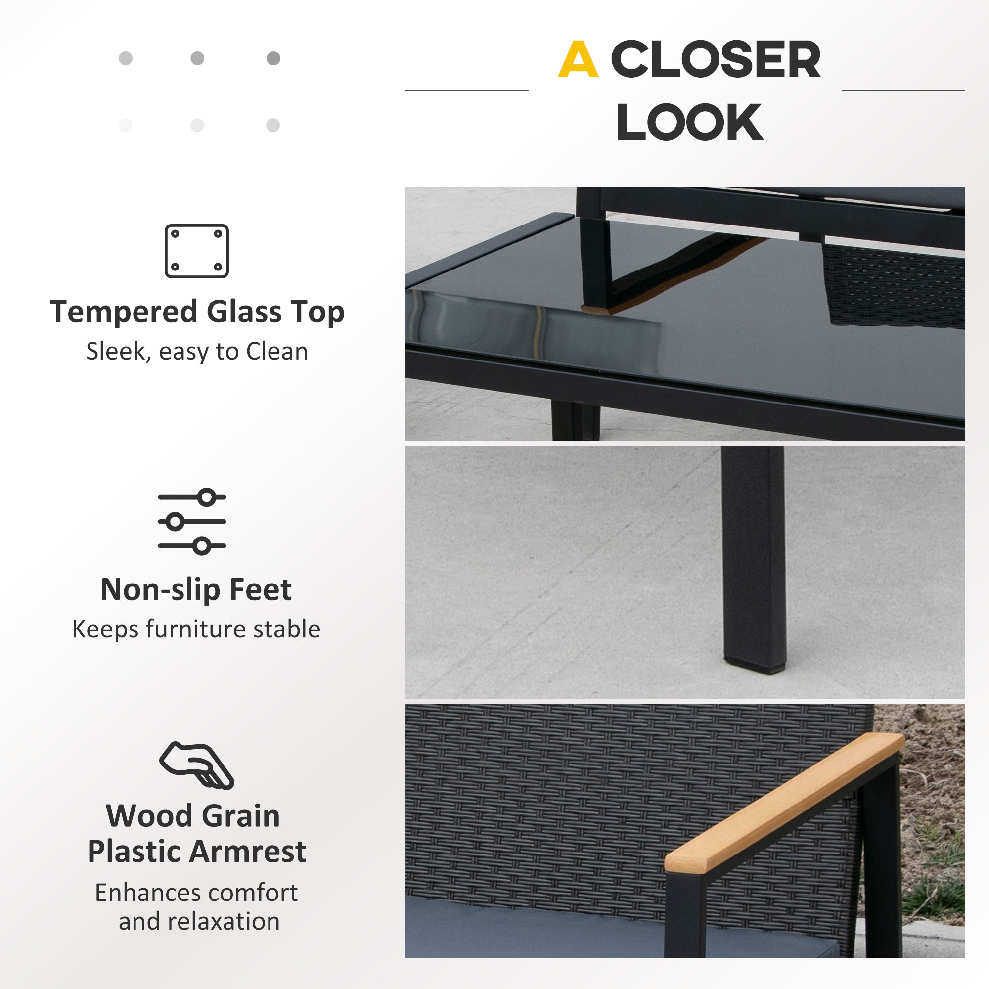 4 Piece Rattan Garden Furniture Set, 4 Seater Sofa Loveseat Armchairs Glass Table, Black