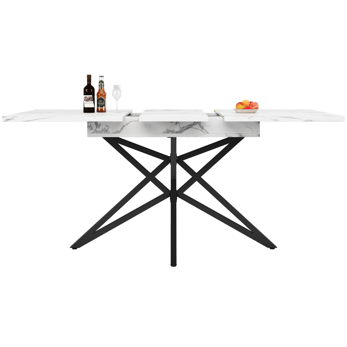 Extendable Dining Table 120(160)x80cm Star-Shaped Legs - Walnut/Marble Look Black