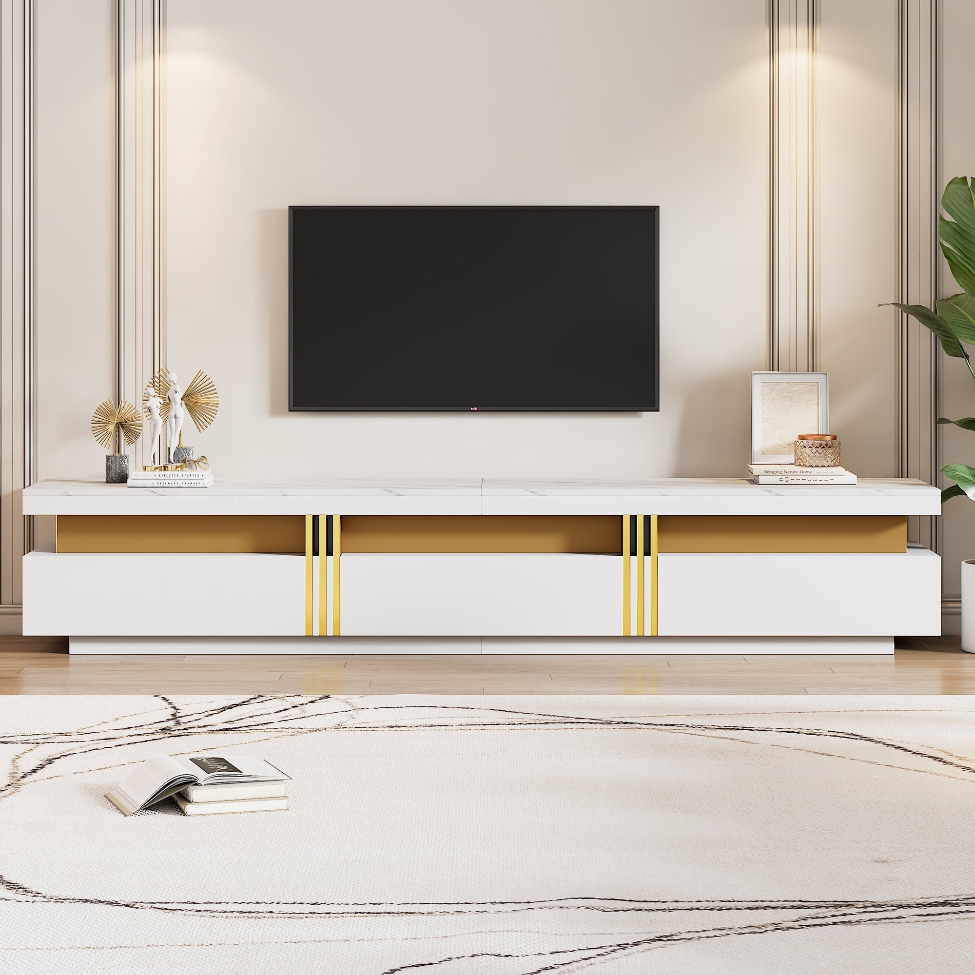 Lowboard TV Cabinet Modern 200cm 3 Drawers Cable Management - Marble Look