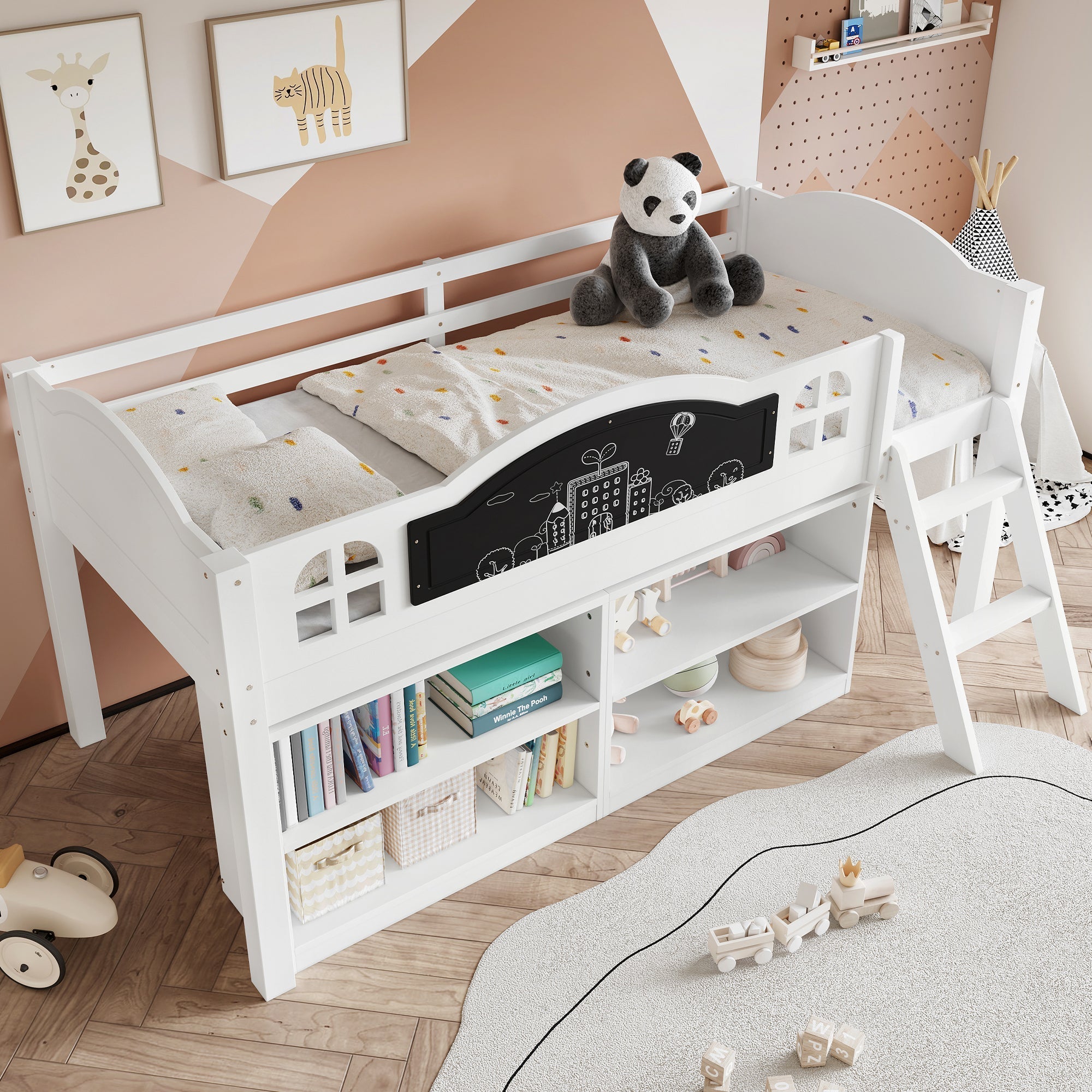 Wooden Storage Bed, 3ft Single with Blackboard and Staircase, White Pine/MDF