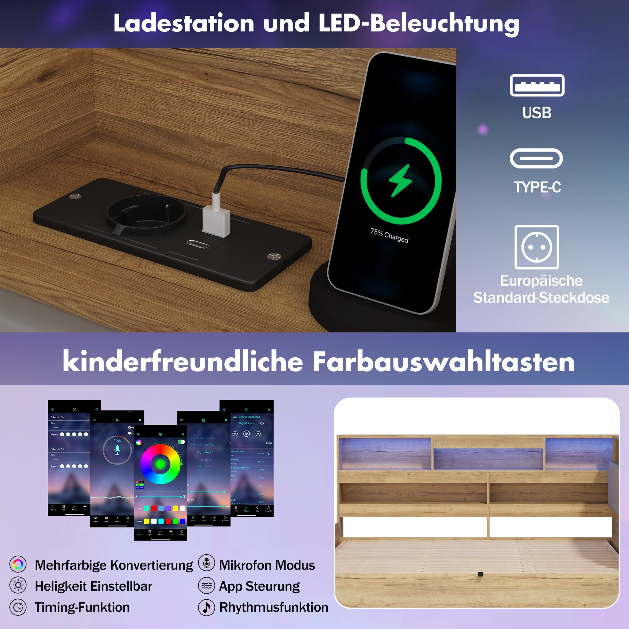 Daybed with Hydraulic Storage, USB Charging and LED Lighting, 90x200cm, Natural Wood