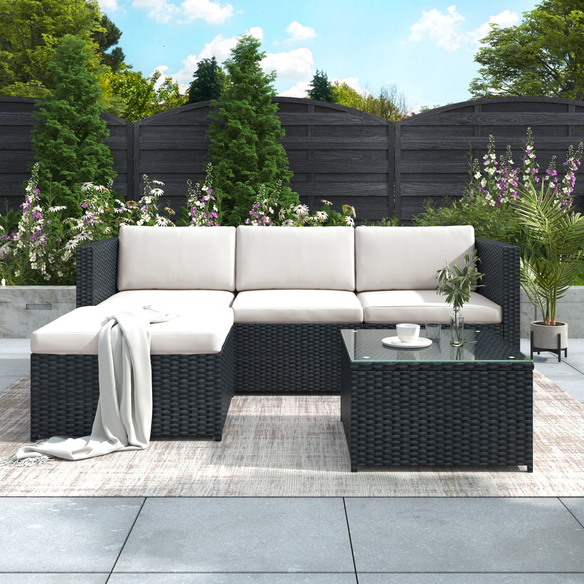 Polyrattan Lounge Sofa Set with Cushions and Glass Top Table, Black