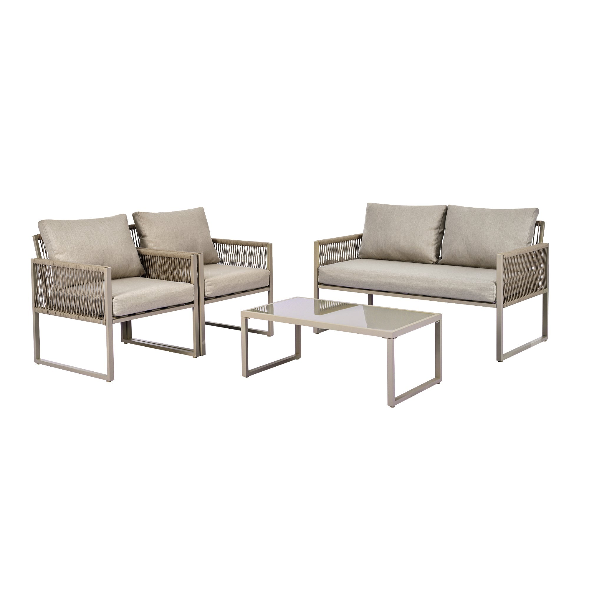 Outdoor Patio & Backyard Furniture Lounge Set for 4, Space Saving Sofa with Glass Coffee Table, Khaki