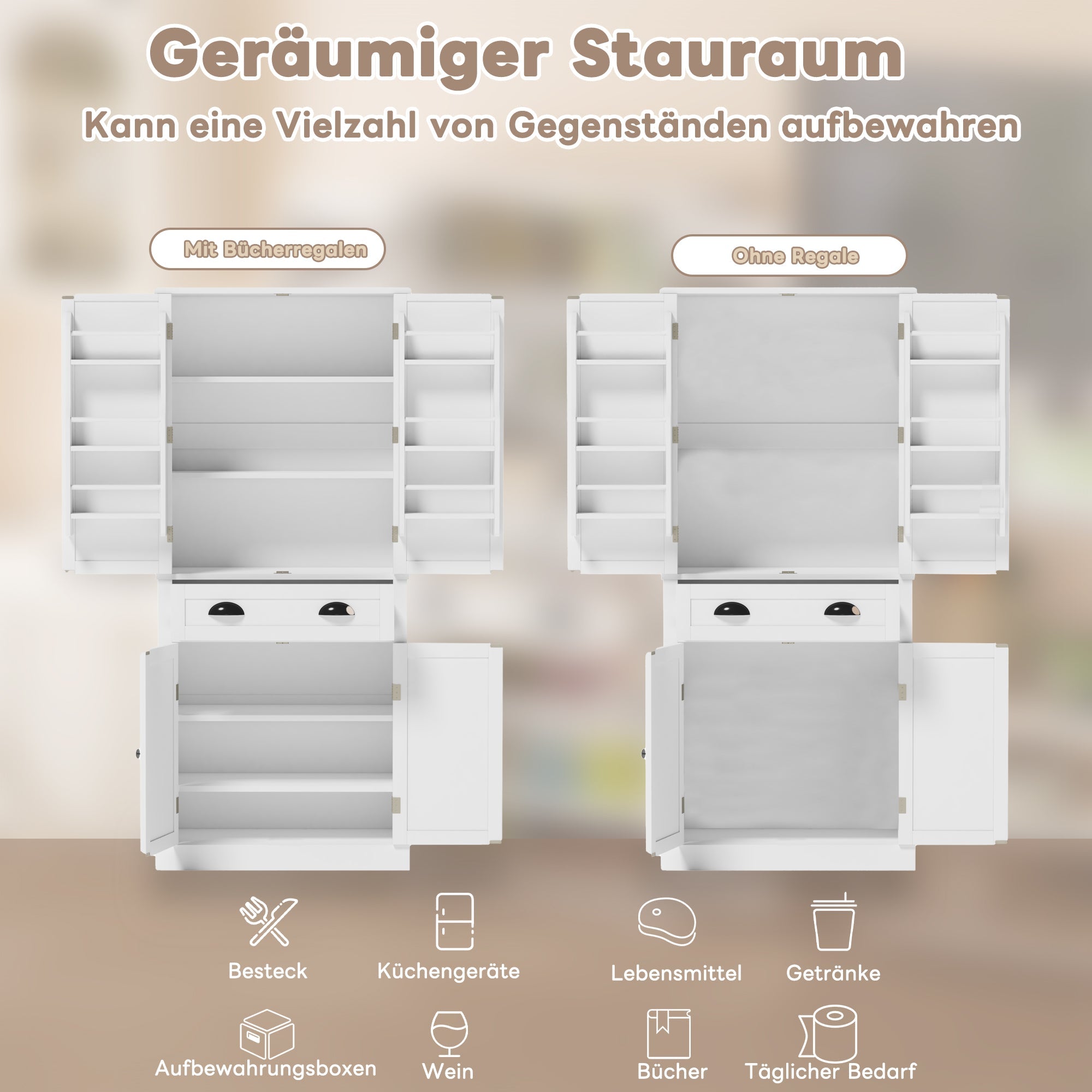 Storage Cabinet with 4 Doors and 1 Drawer, 6 Compartments and 4 Adjustable Shelves, White