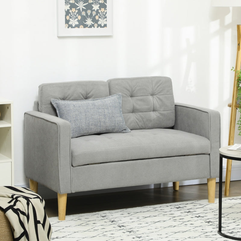 Modern 2 Seater Sofa with Hidden Storage, Tufted Cotton, Light Grey