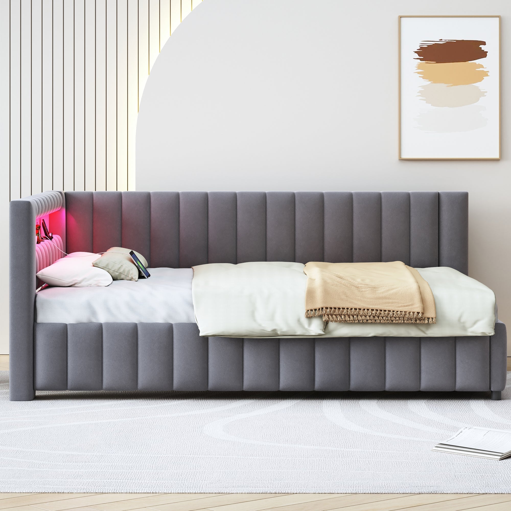 Upholstered Sofa Bed 140x200 with LED & USB, Velvet Grey