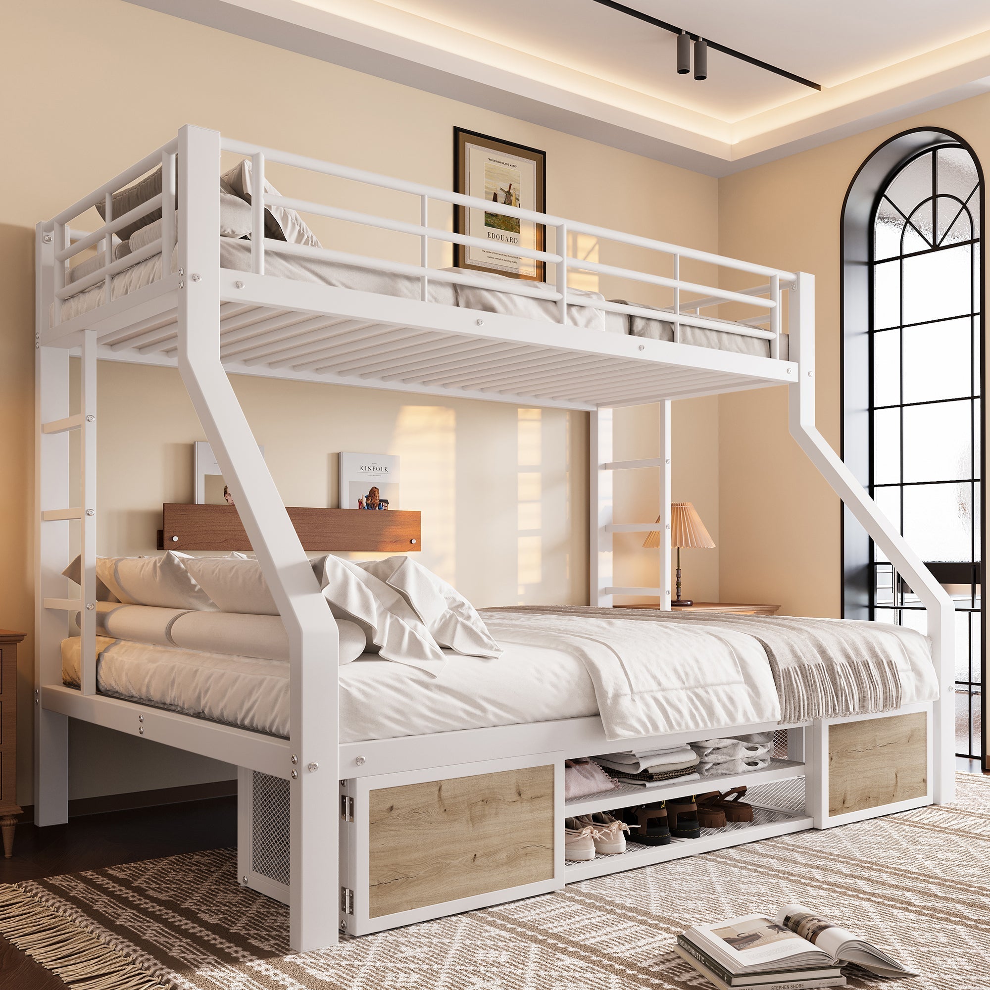 Bunk Bed for Children with Shoe Cabinet and Storage Compartments, 90x200 and 140x200cm, White