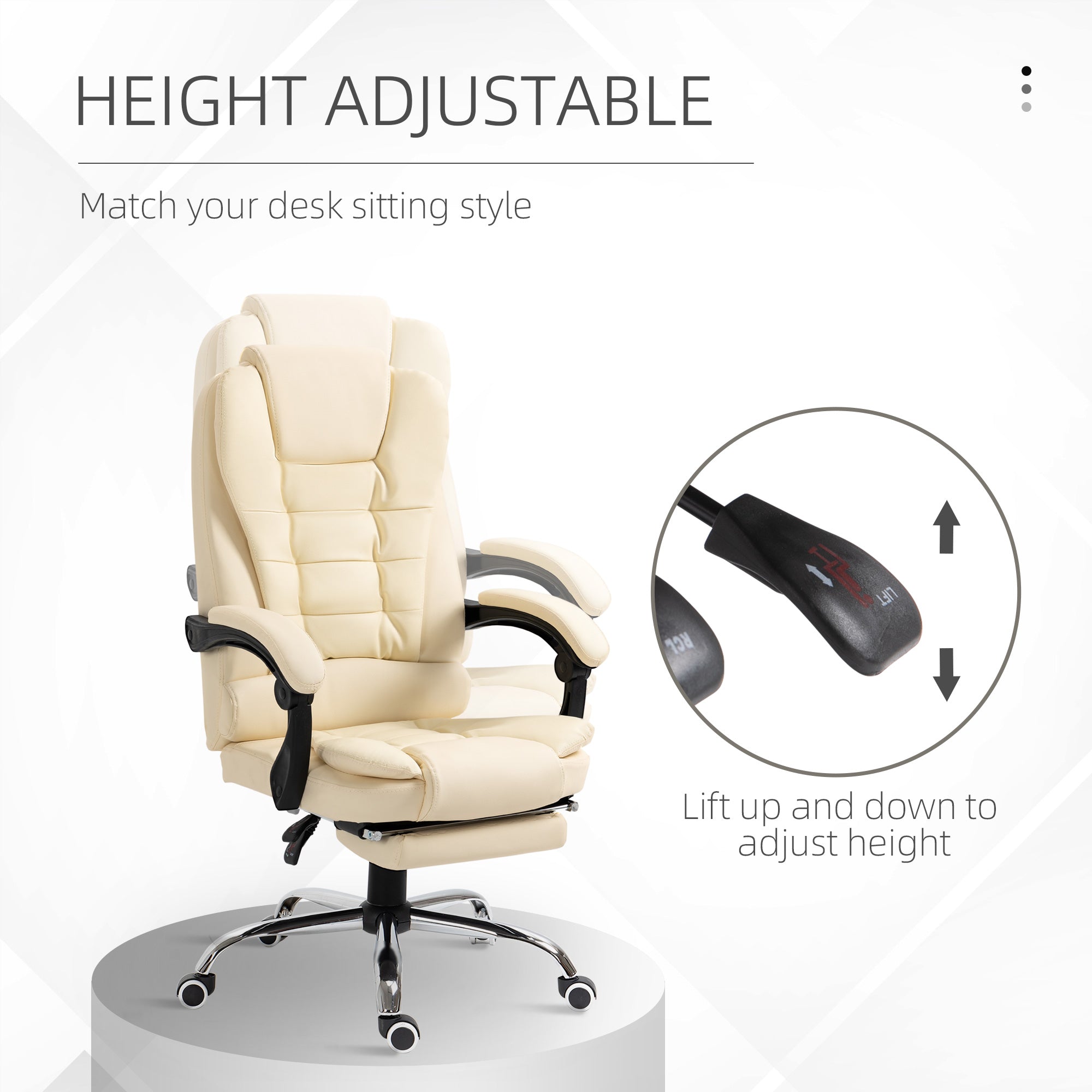 Executive Office Chair Swivel, Reclining, Retractable Footrest Cream White Faux Leather