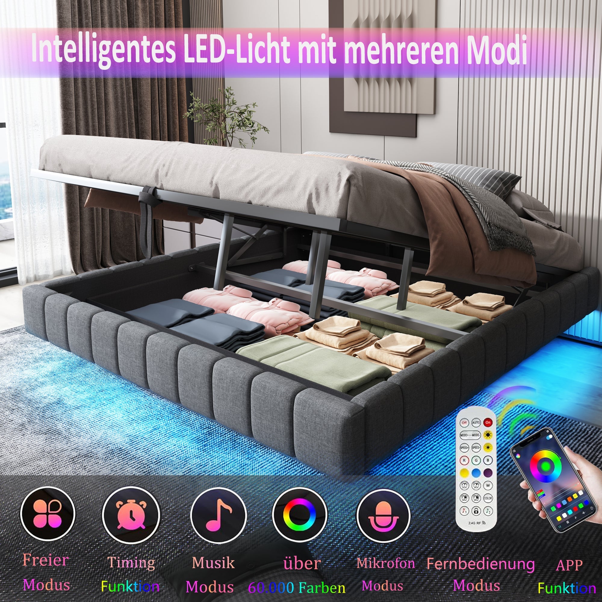 Upholstered Bed 160x200cm, Hydraulic Floating Storage Frame with LED Light, Linen Grey