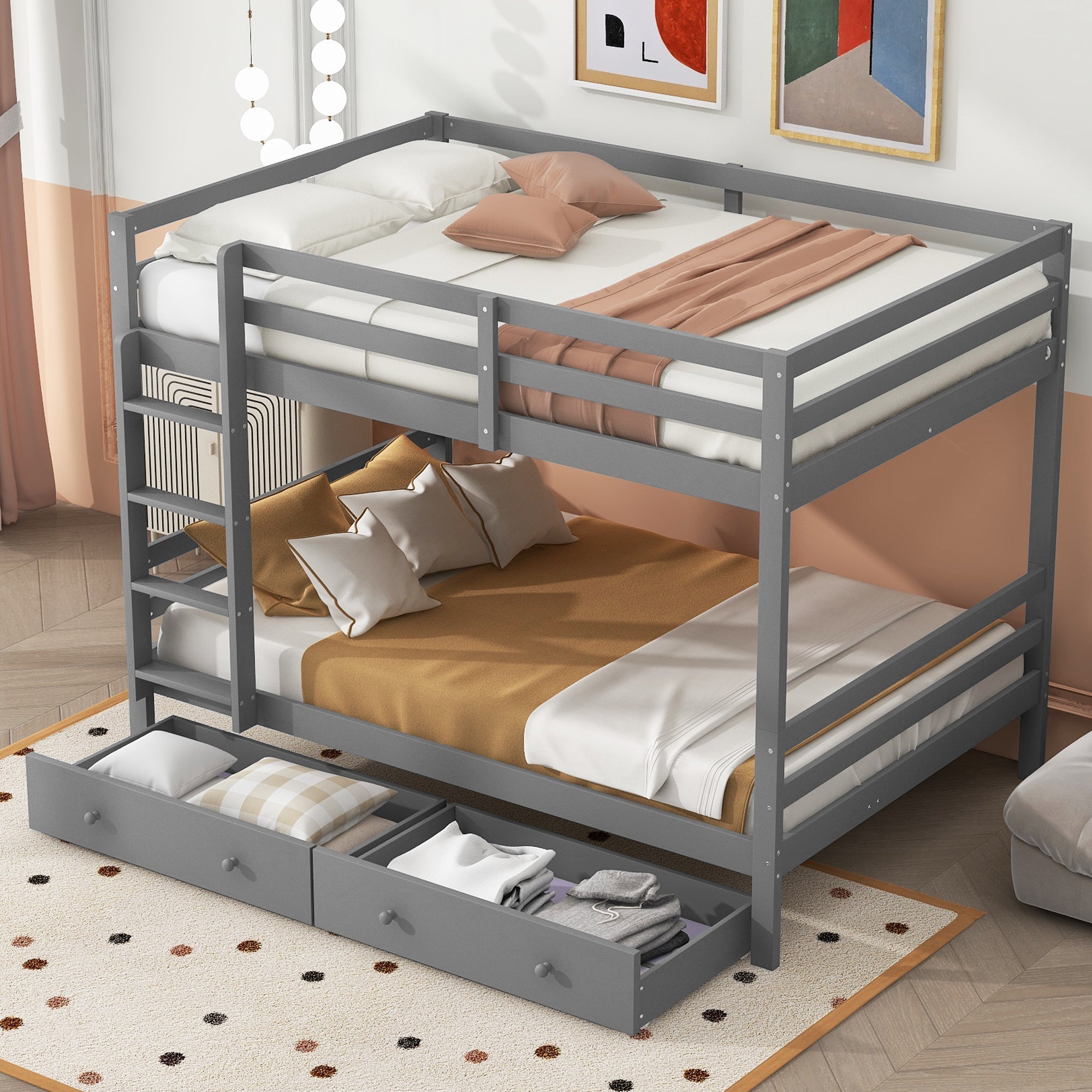Bunk Bed 140x200cm Drawers Storage High Railings - Grey