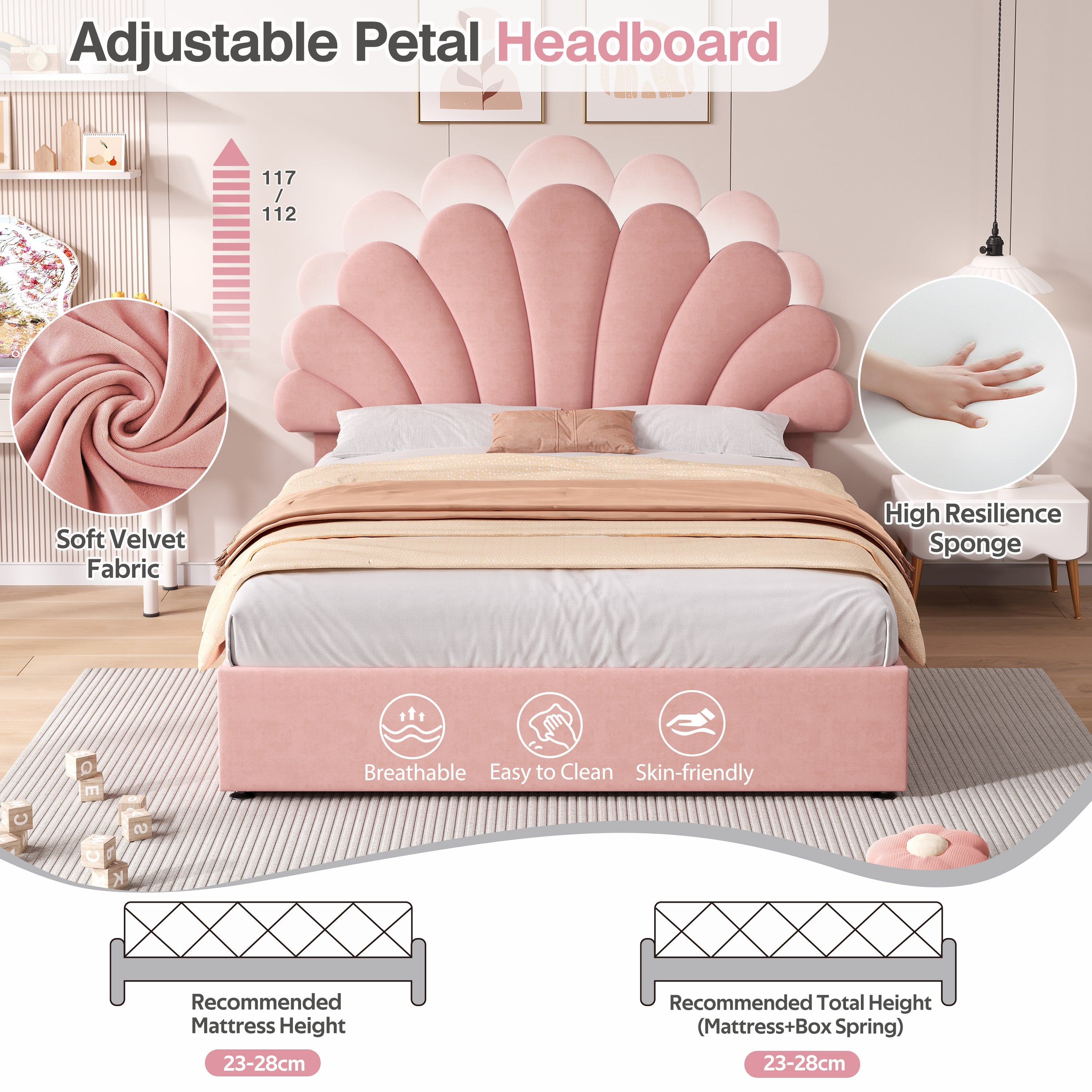 4ft6 Double Upholstered Hydraulic Bed with Adjustable Petal Headboard, Solid Wood Slat, Pink Velvet