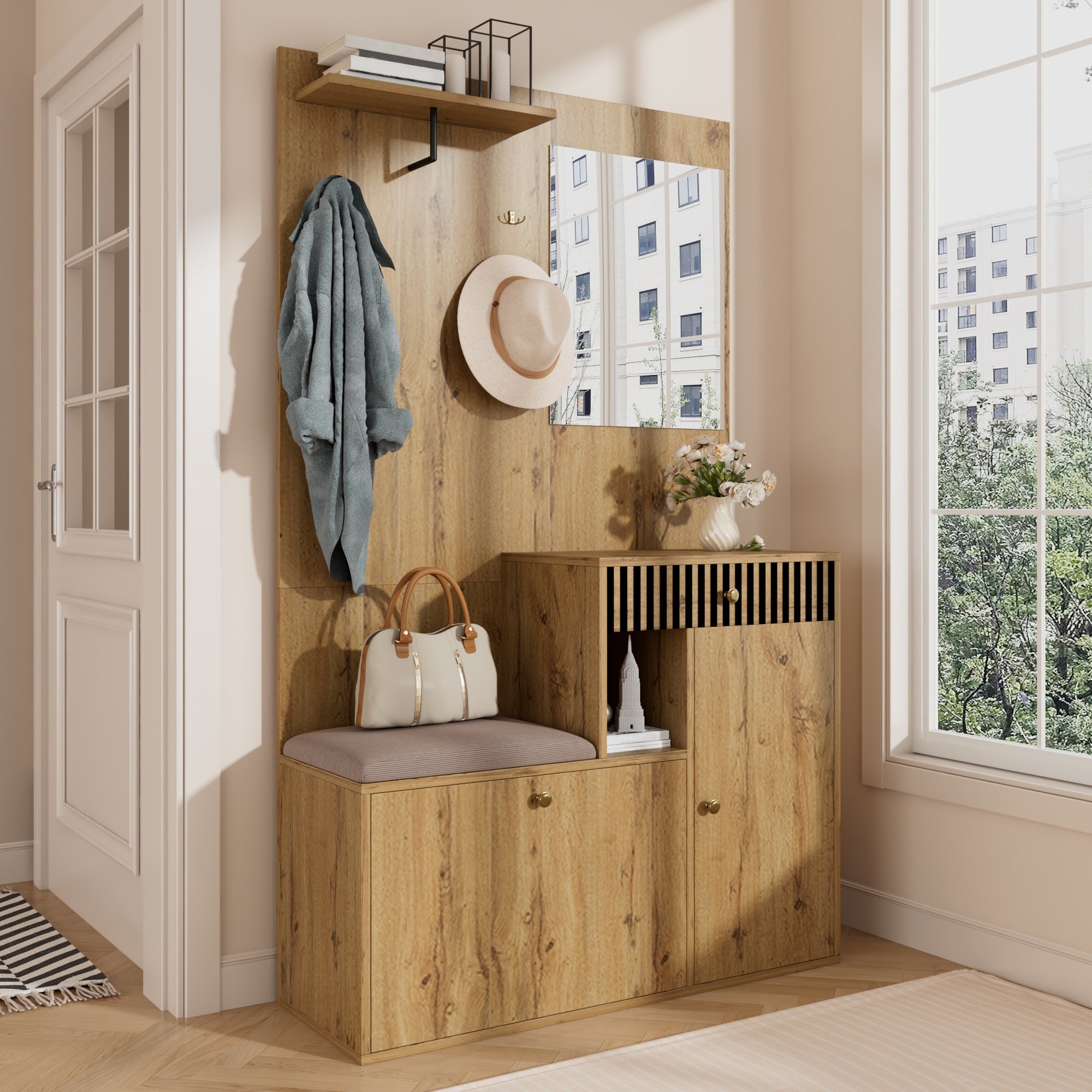 Wardrobe Set, Hallway Mirror Cushion Shoe Cabinet, 110x185.5x37cm