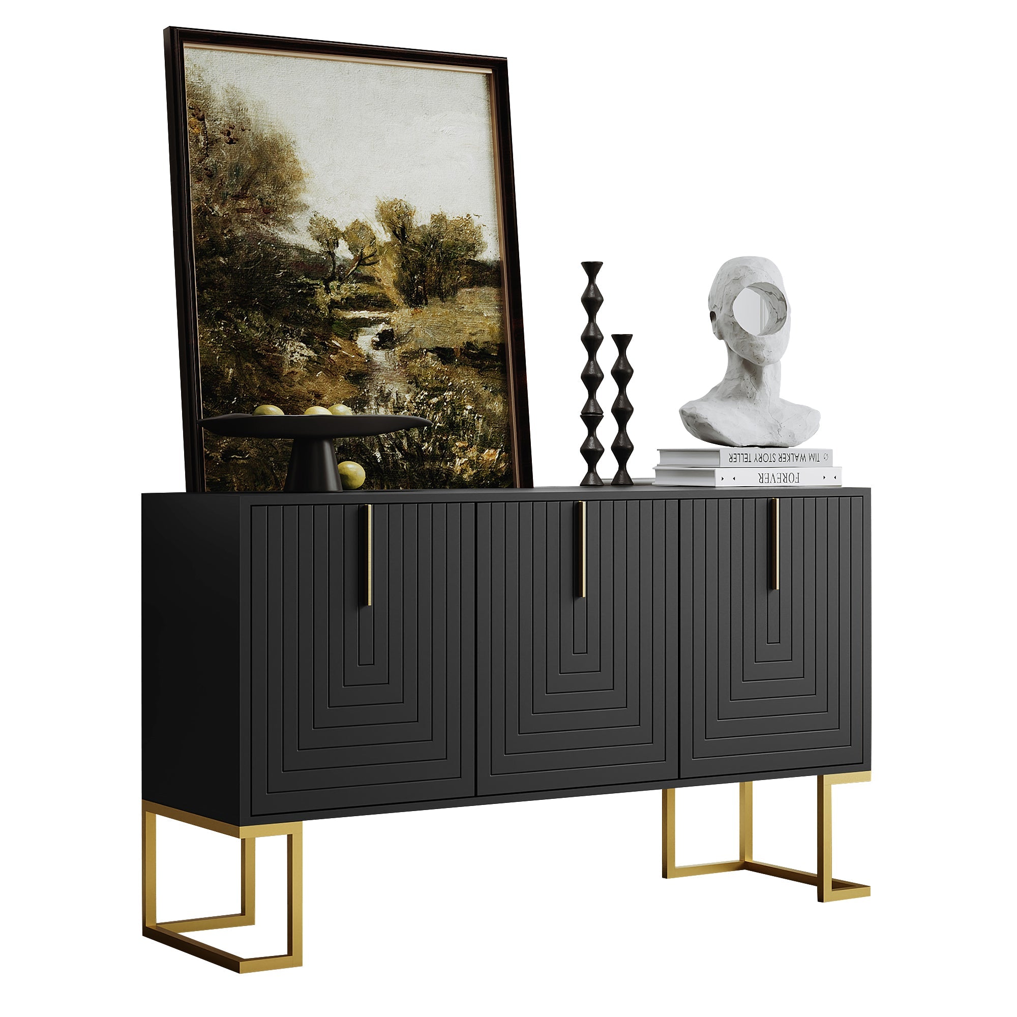 Sideboard, 3-Door with Adjustable Shelves & Metal Handles, Black
