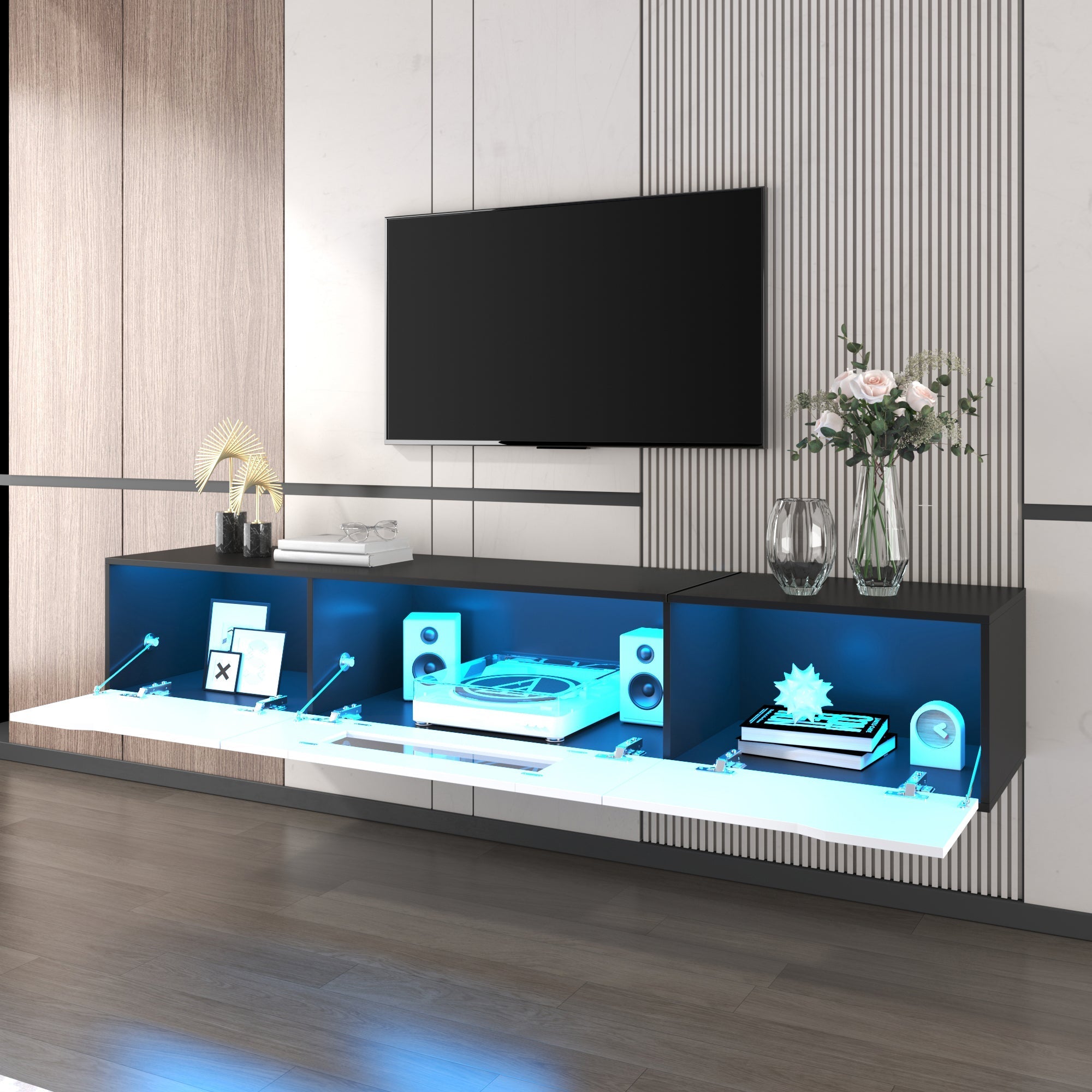 TV Cabinet High-Gloss 180cm Wall-Mounted LED USB - Black/White