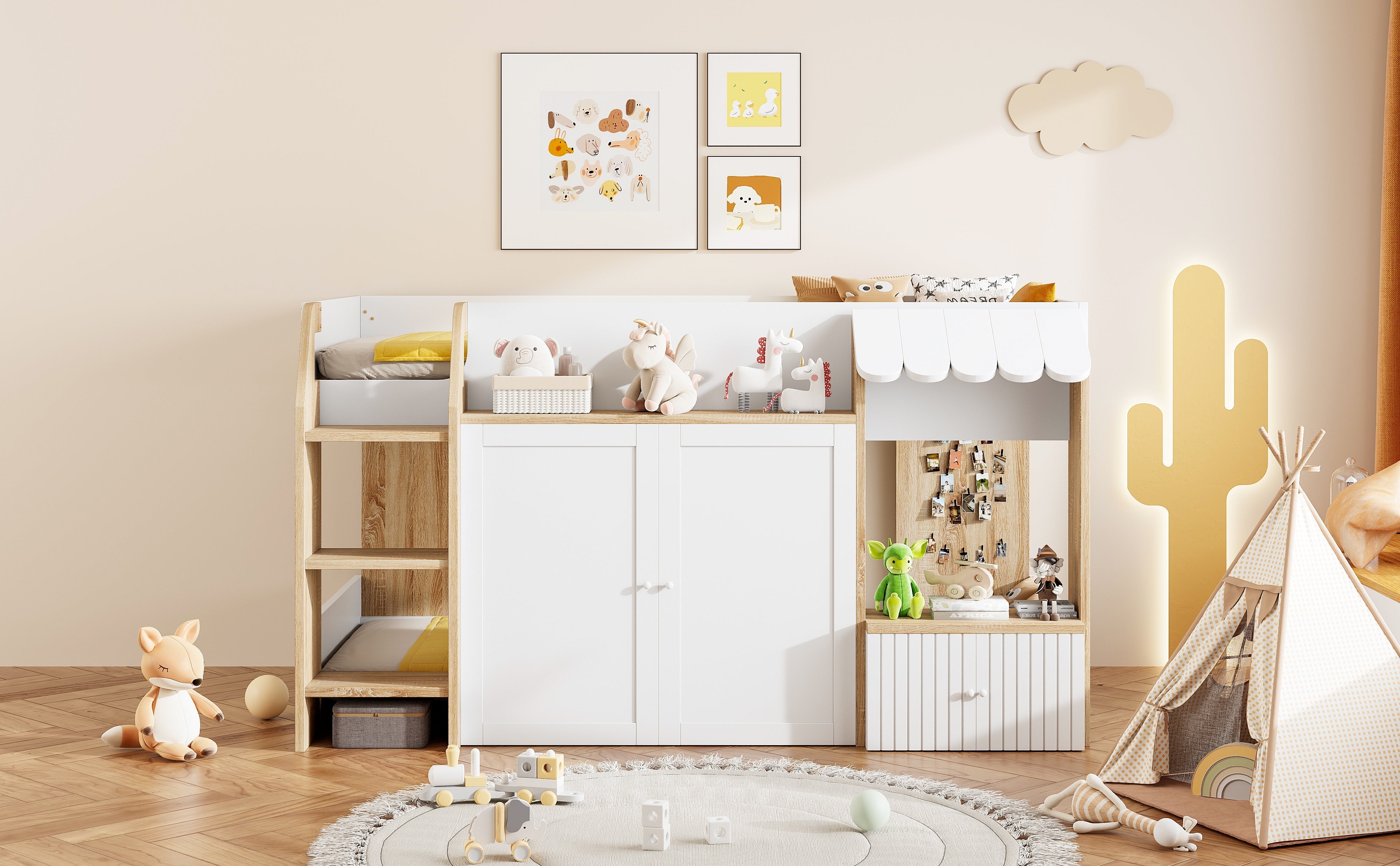 Children's House Bed 90x200 Mid-Height Storage Climbing Ladder - Solid Wood White/Natural