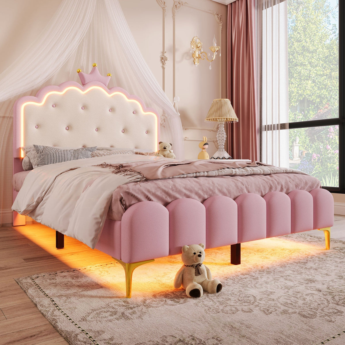 Upholstered Bed 140x200cm Princess Shape Ambient Light PU Pink