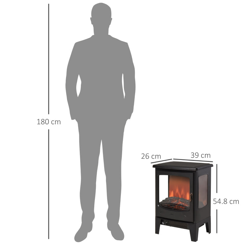 Freestanding Electric Fireplace Heater 900W/1800W Adjustable Flame Tempered Glass Black Metal